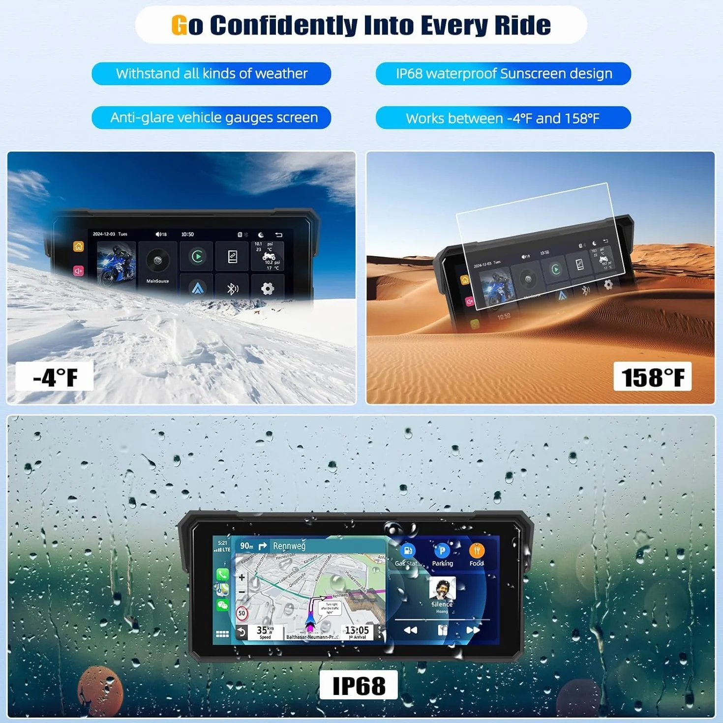 SIXTOP CarPlay Moto con CarPlay y Android Auto Inalámbricos, Pantalla Táctil Impermeable de 8,1 Pulgadas,IP68 Waterproof, Audio Bluetooth, Navegación GPS Moto con Ecualizador, Siri