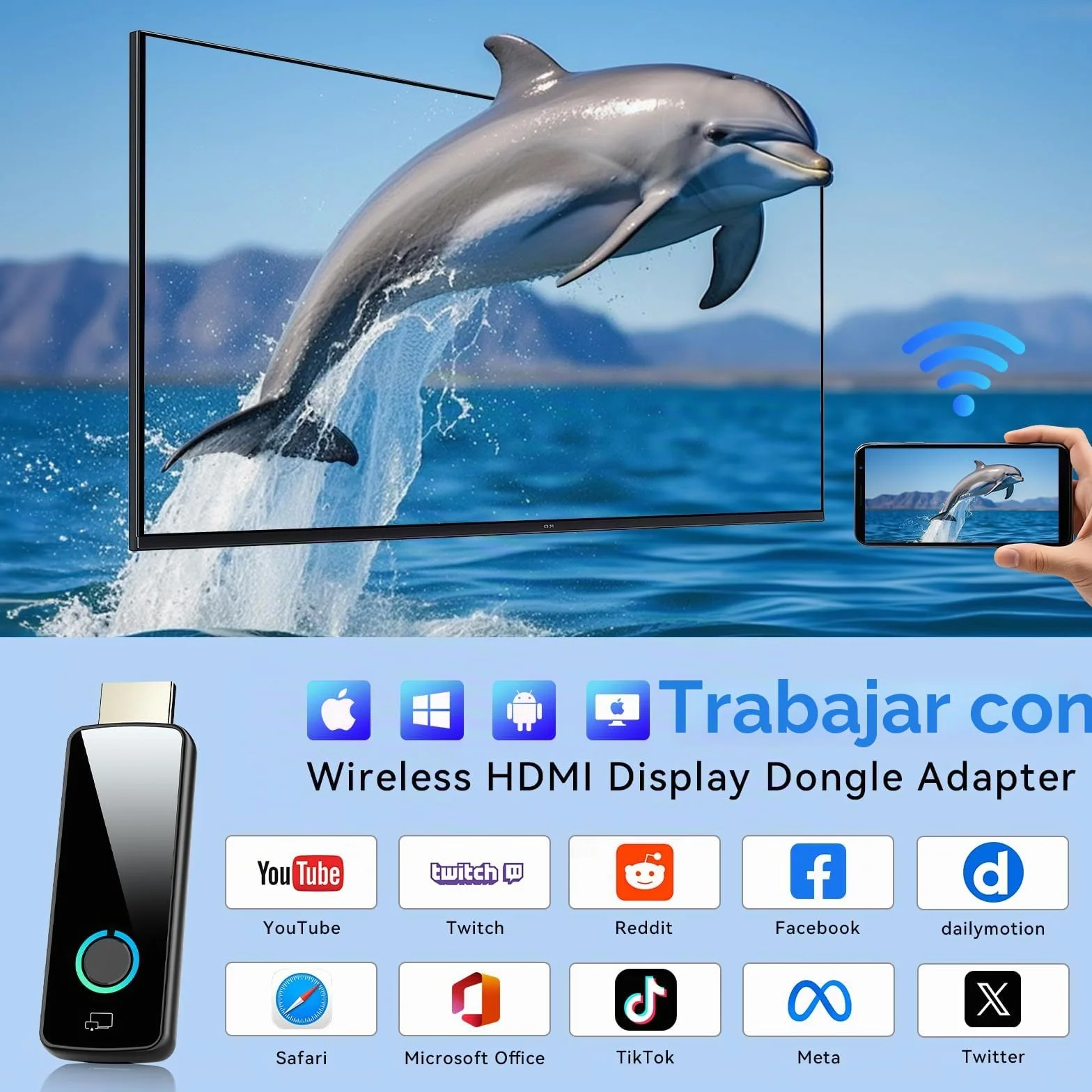 Adaptador HDMI Inalámbrico Miracast WiFi Dongle para TV Proyector con Airplay DLNA Compatible iOS Android Windows