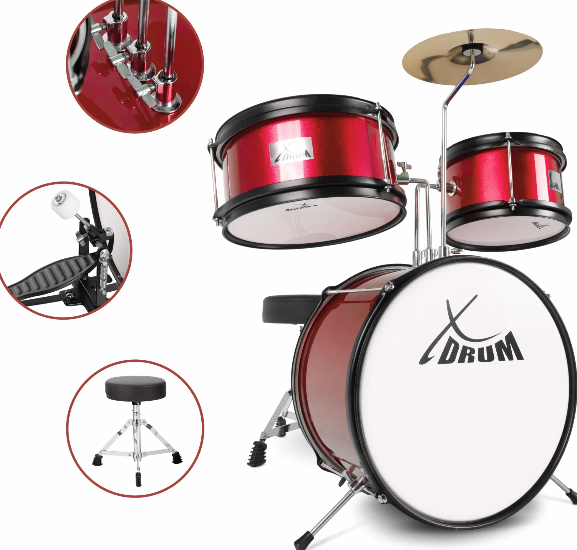 Batería XDrum Junior KIDS Incl. Escuela - Batería Compacta Para Niños - Para Niños De 3 A 5 Años - Montaje Muy Fácil - Con Escuela, Taburete, Baquetas Y Llave De Afinación - Roja