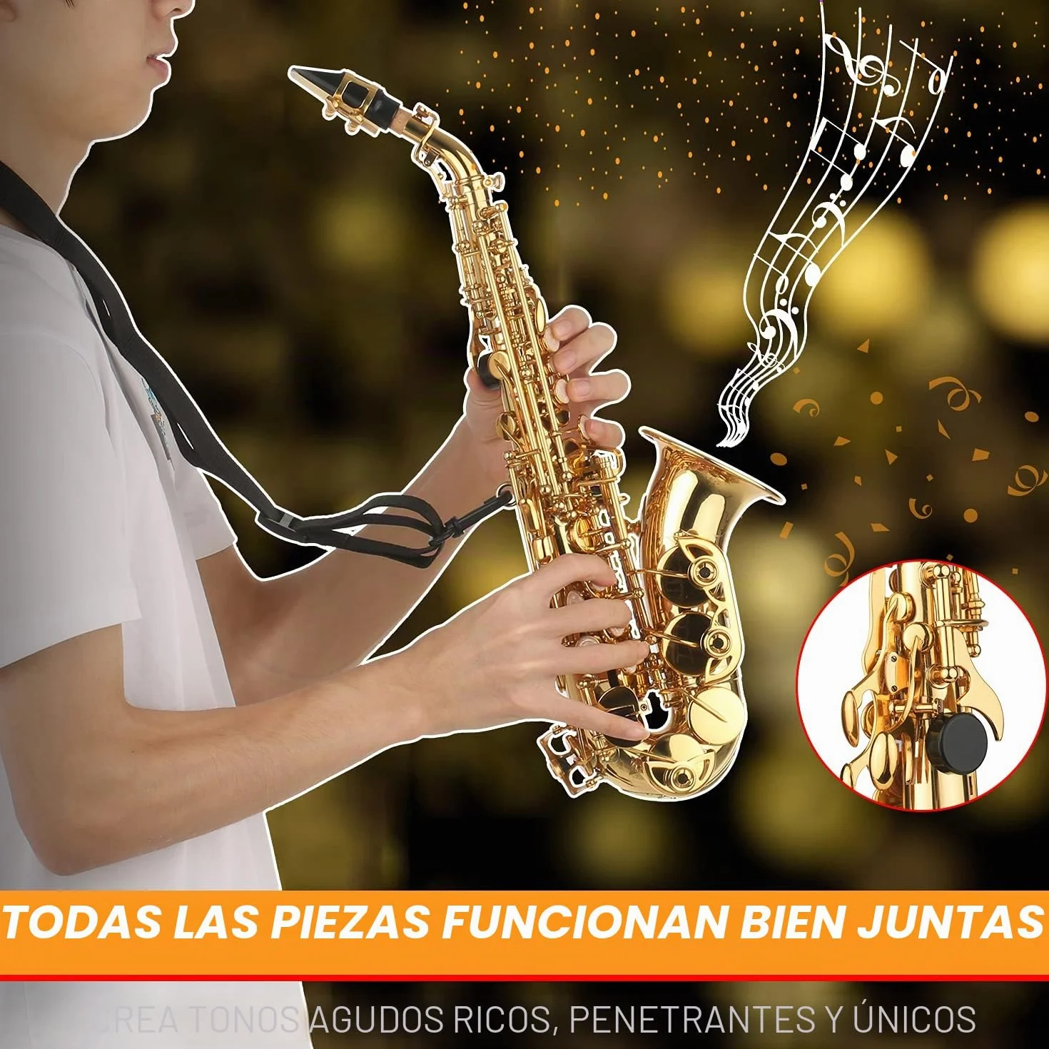 Saxofón Soprano BB Saxofón de latón Lacado en Oro con Estuche para Instrumentos Boquilla Correa para el Cuello Paño de Limpieza Cepillo para músicos Principiantes,saxófono