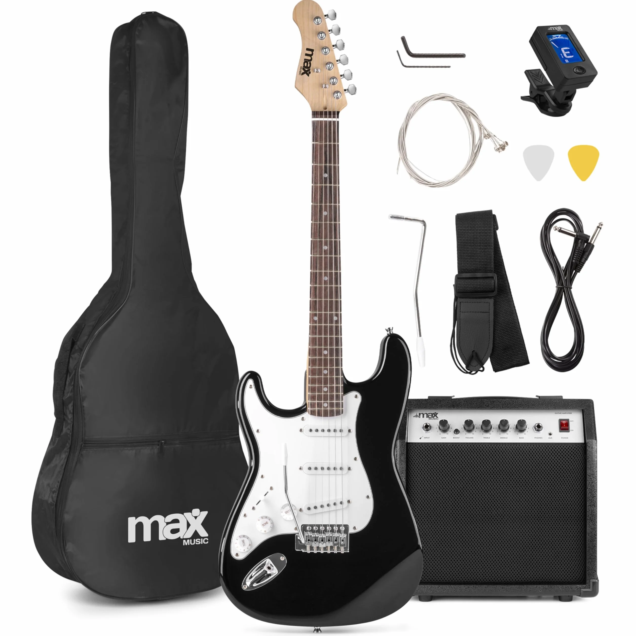 MAX GigKit para zurdos, Kit guitarra eléctrica para adultos con amplificador 40 W, guitarra y amplificador con accesorios, afinador, correa, cable, puas y funda incluidos – Color negro