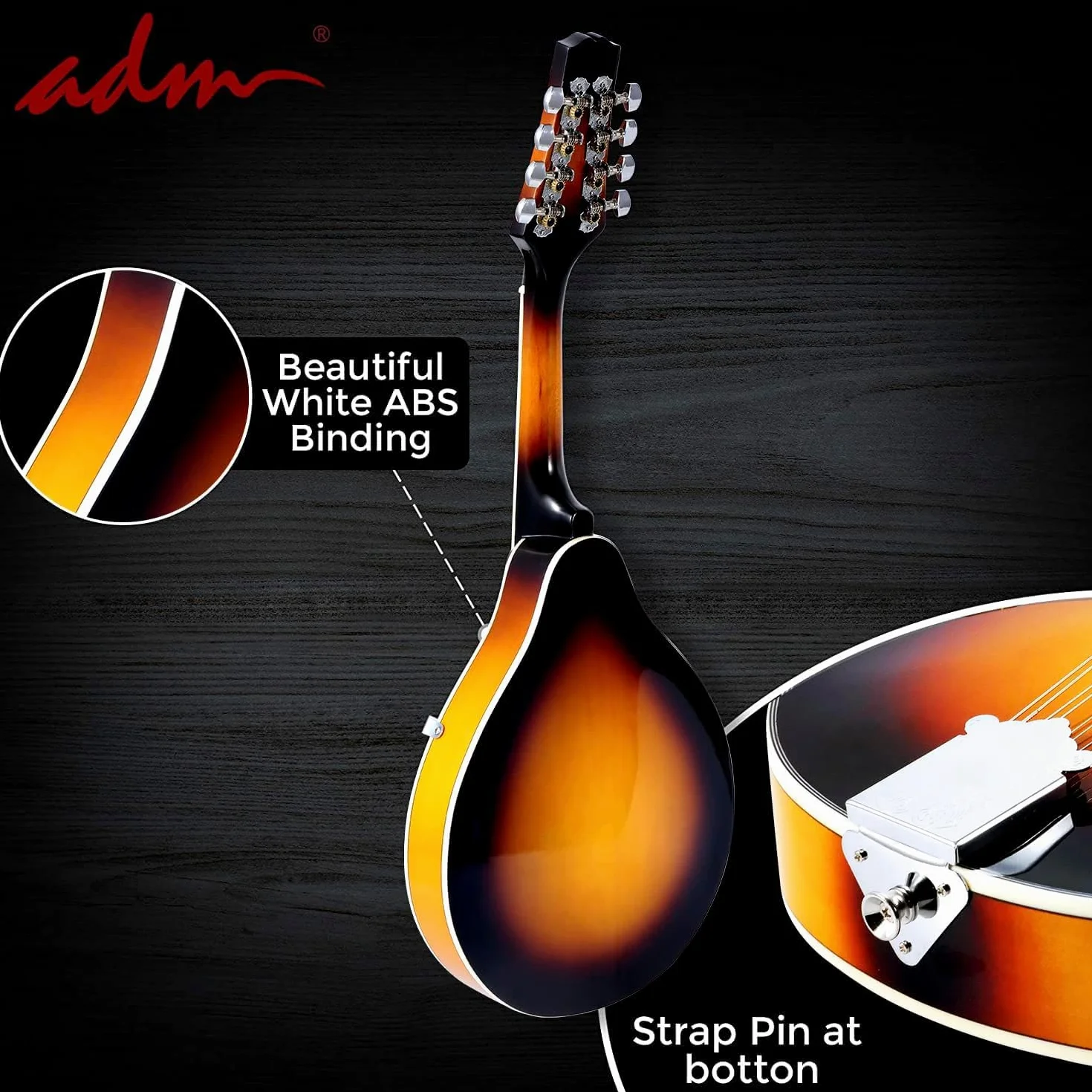 ADM Sunbrust - Kit de instrumentos de mandolina acústica, estilo A para niños, estudiantes, adultos, mandolinas de madera, juego para principiantes con bolsa, afinador, ecualizador, correa, cuerdas