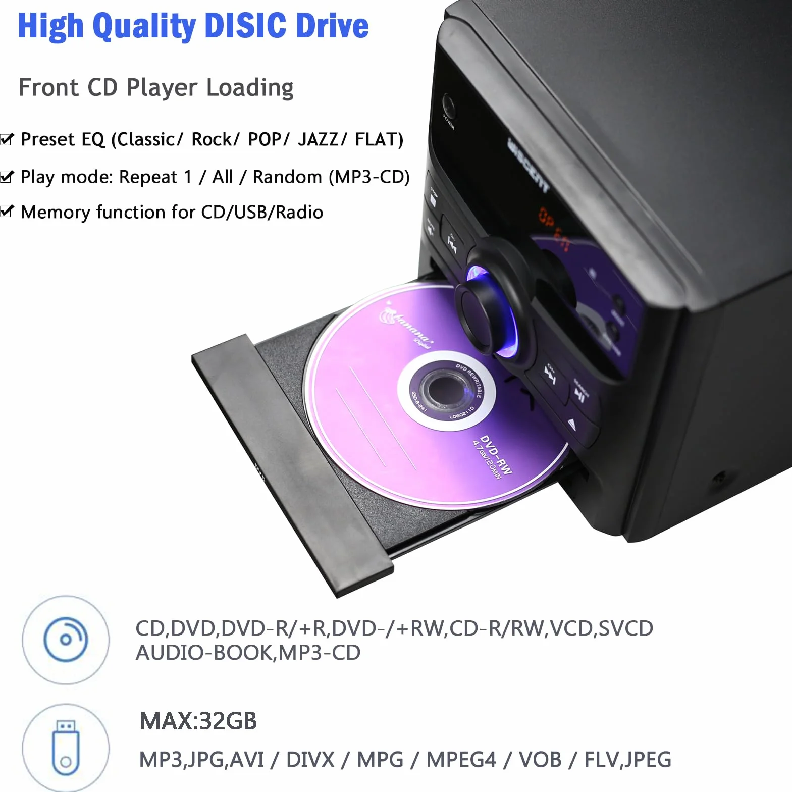 WISCENT Minicadena de Música con CD Bluetooth 30W Estéreo para el Hogar