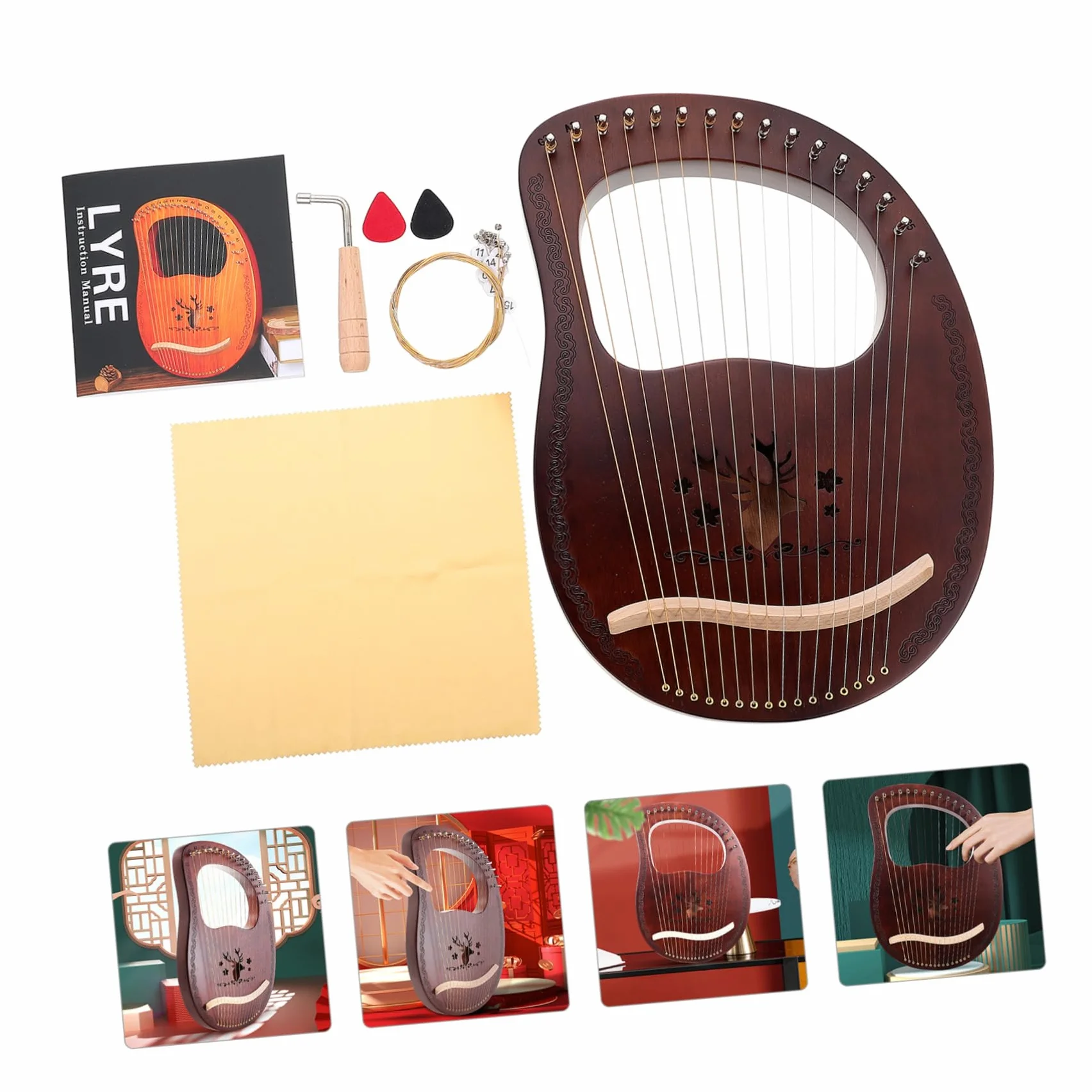 Yardwe Arpa de Lira de Madera de Tonos Arpa de Lira de Estilo Antiguo Instrumento de Cuerda para Tocar Manos para Música Tradicional