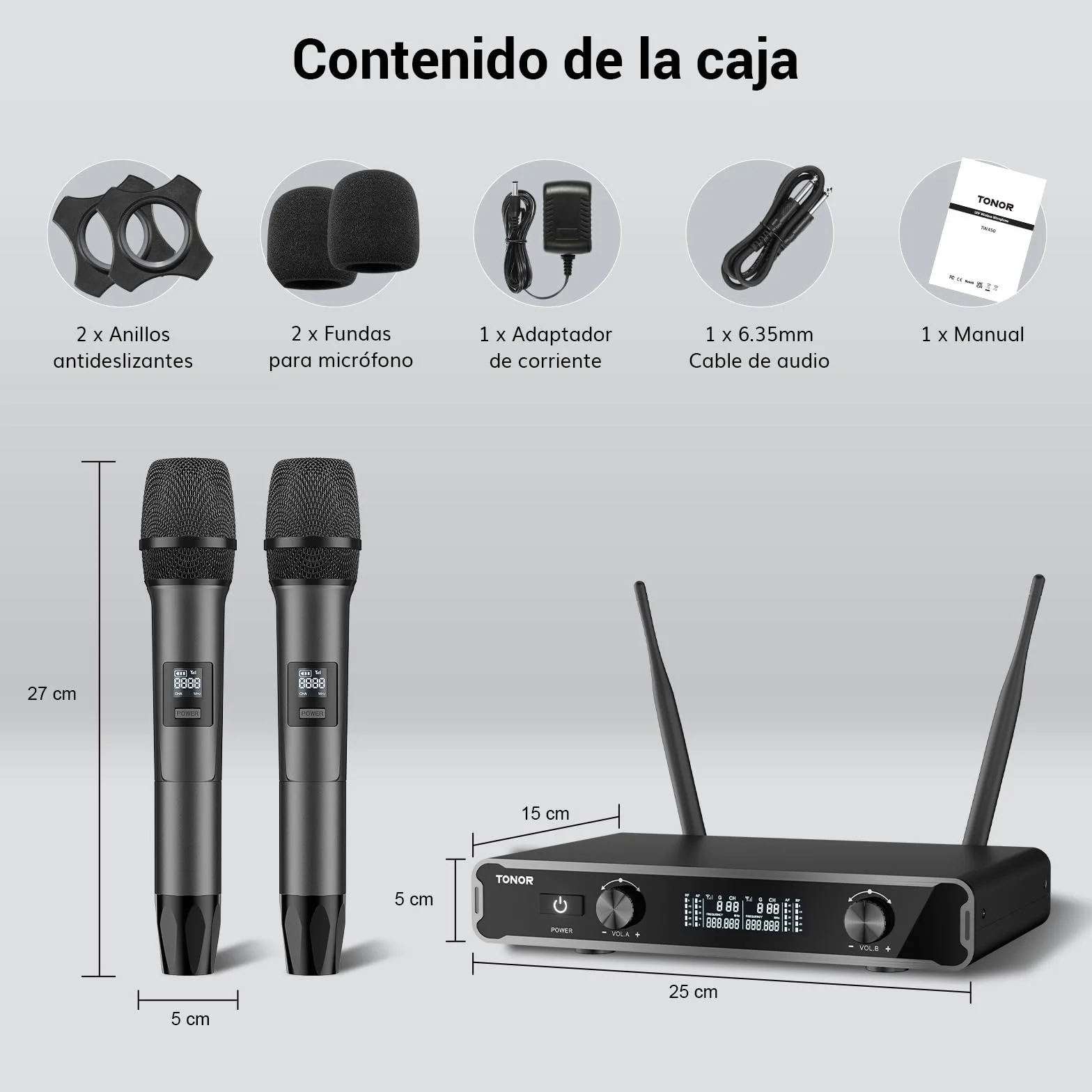 TONOR Micrófonos inalámbricos, Micro de Mano Doble Dinámico, Karaoke Sistema de Mic con Receptor para Karaoke, KTV doméstico, DJ, Boda, Fiesta, Iglesia, 2x5 UHF Frecuencias Ajustables, 60M TW450 Gris
