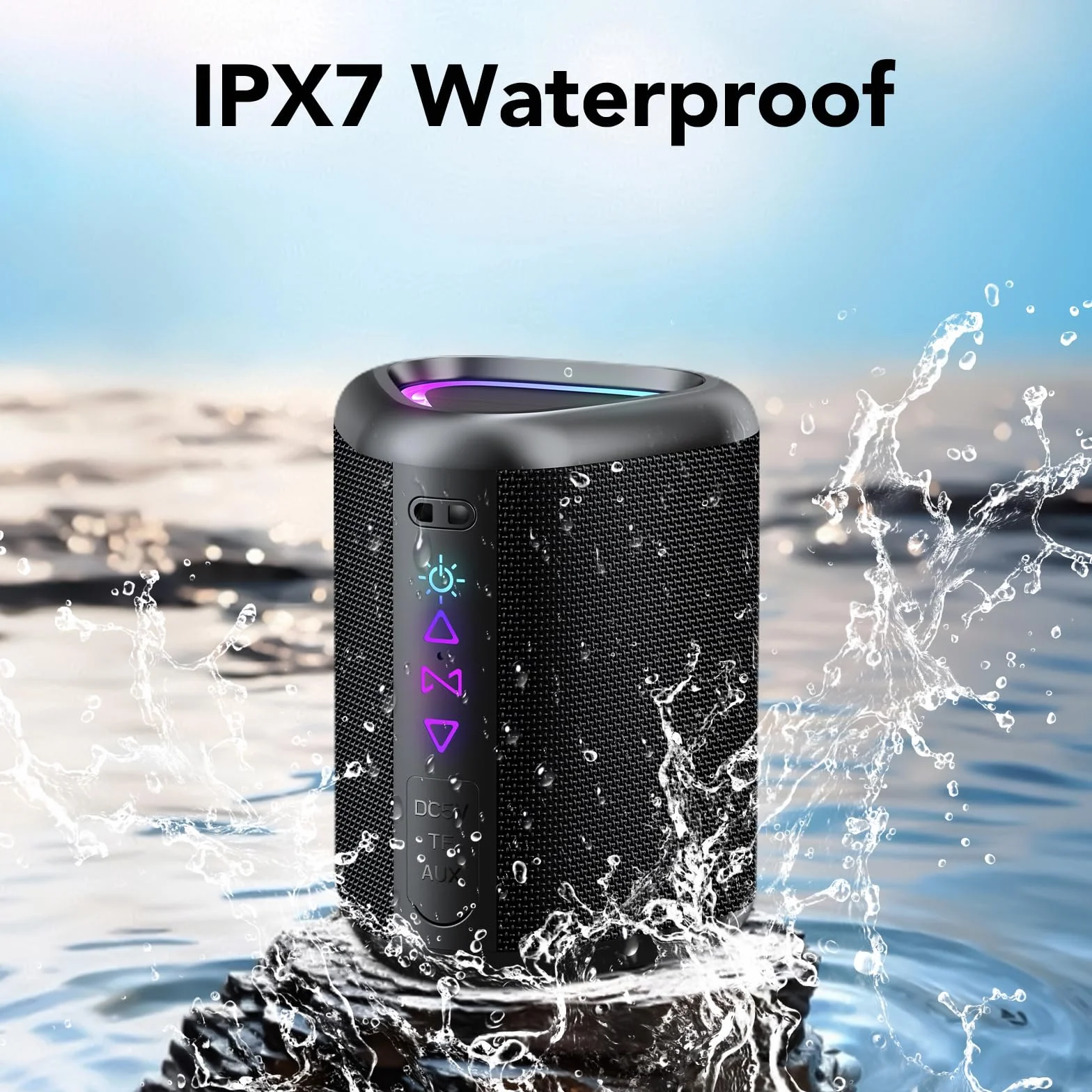 Altavoz Bluetooth Portátil Potente Inalámbrico con Luz LED, Bluetooth 5.4, 24 Horas, Graves Mejorados, 360° Sonido Estéreo, Impermeable IPX7, Speaker de Exterior para Viajes/Deportes/Fiestas/Ciclismo