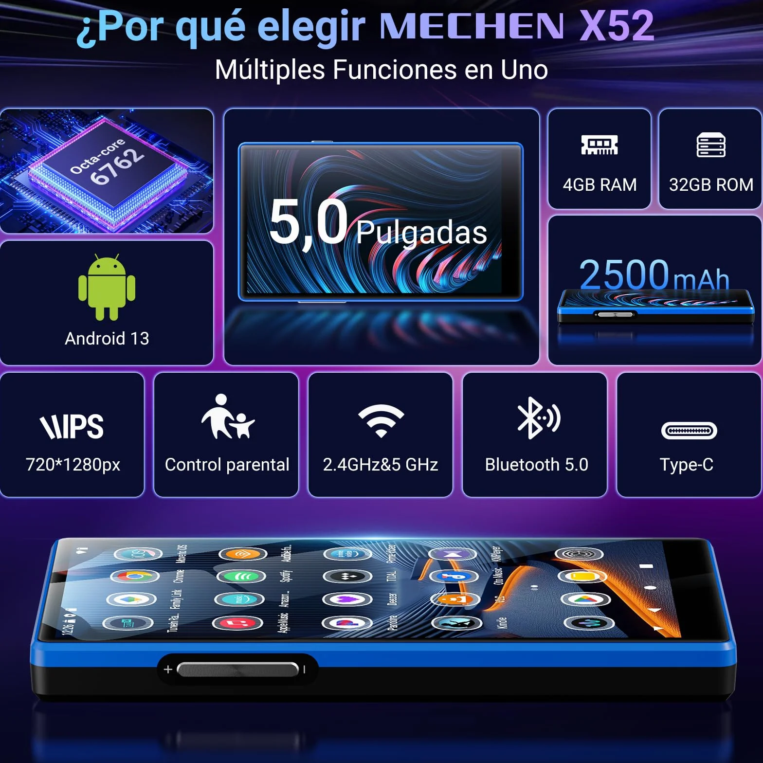 MECHEN 160GB Reproductor MP3 Spotify, 5,0 Pulgadas Android MP4 con Bluetooth y WiFi, Control Parental, Radio FM, Compatible con Amazon Music Deezer Audible (X52)