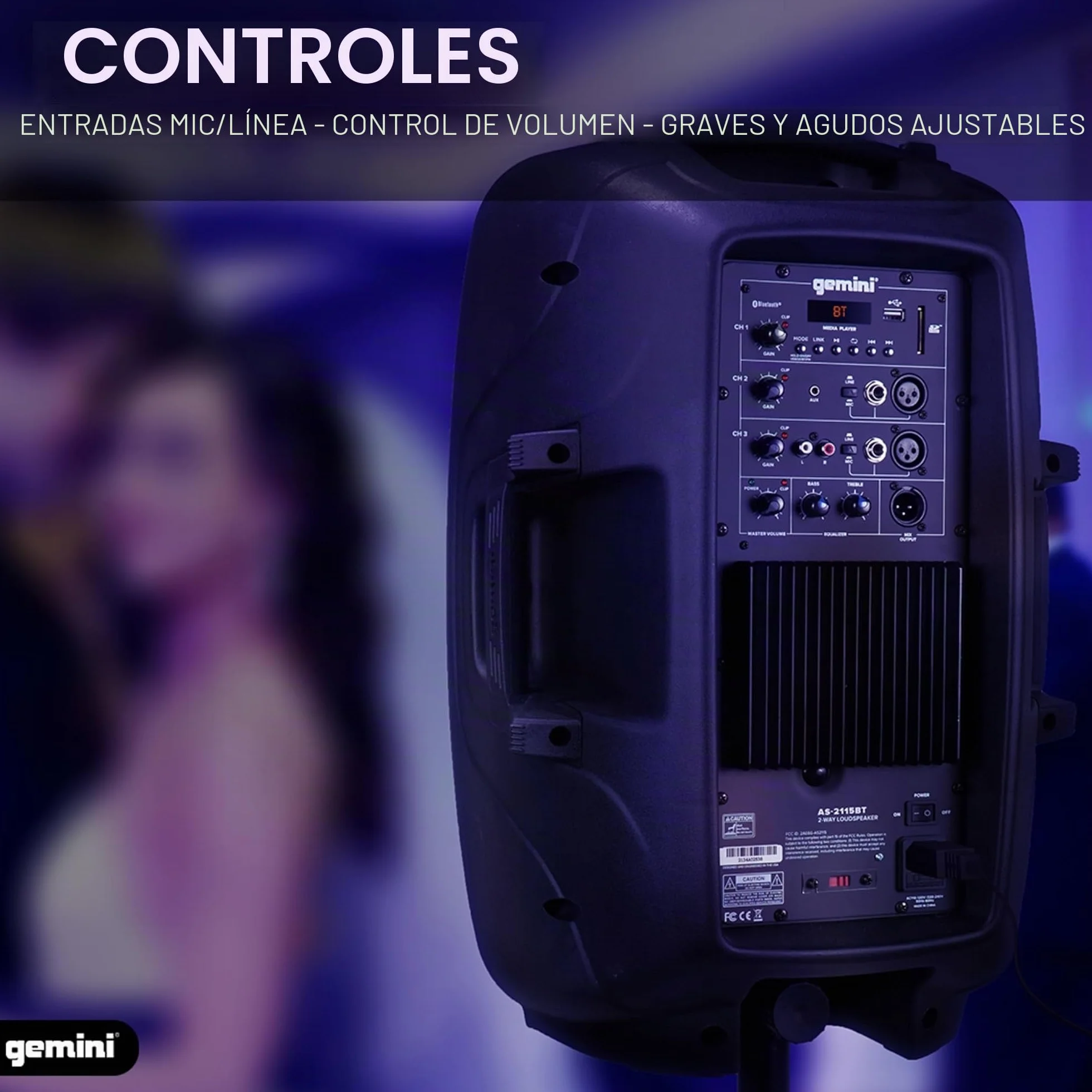 Gemini Sound AS-2115BT Active Bluetooth PA, Woofer de 15 pulgadas 2000W WATTS DJ altavoces, SD, USB, entrada/salida XLR, micrófono de 2 x 1/4 pulgadas/entradas de RCA y AUX con asas, TWS