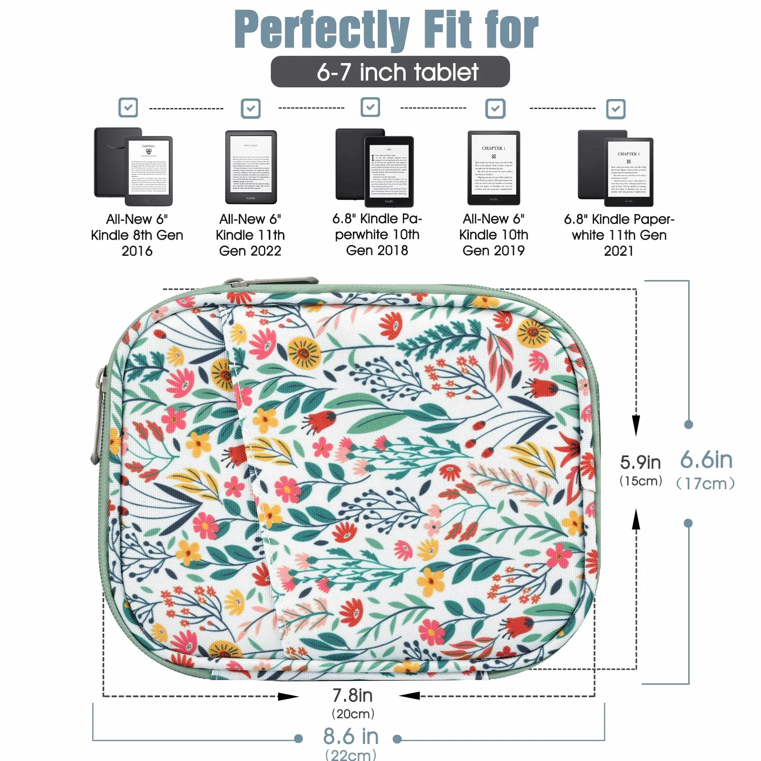TiMOVO Funda de Tableta 6-7 Pulgadas con Bolsillo para E-Reader Paperwhite/Colorsoft Signature Edition, Flores