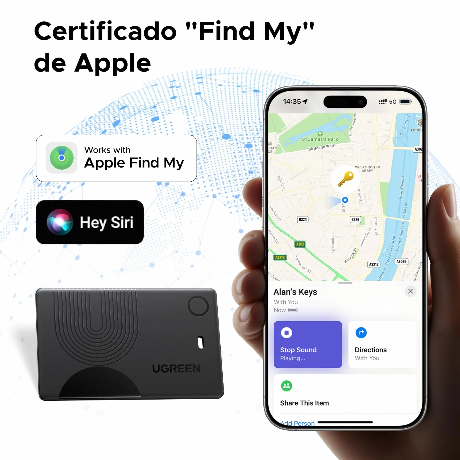 UGREEN FineTrack Slim Finder Tag Carga Inalámbrica Localizador Tracker Bluetooth Compatible con Apple Find My (Solo iOS) Ultra Fino Impermeable IP68 para Cartera Maleta