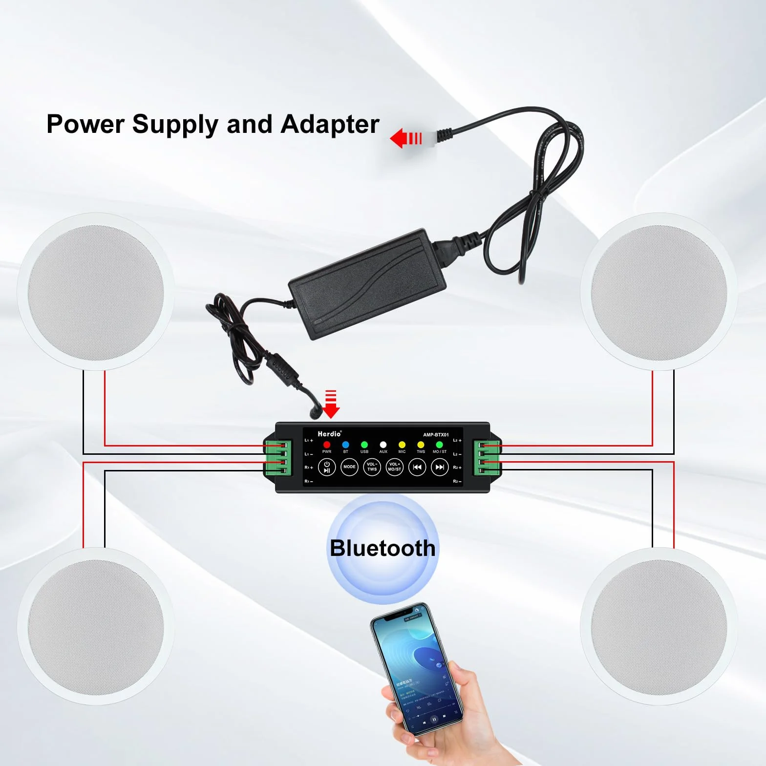 Herdio Paquete de Altavoces de Techo de 2 vías de 6,5 Pulgadas y 600 vatios, Sistema de Cine en casa, Sala de Estar, Oficina,Compatible con Bluetooth(4 Altavoces)