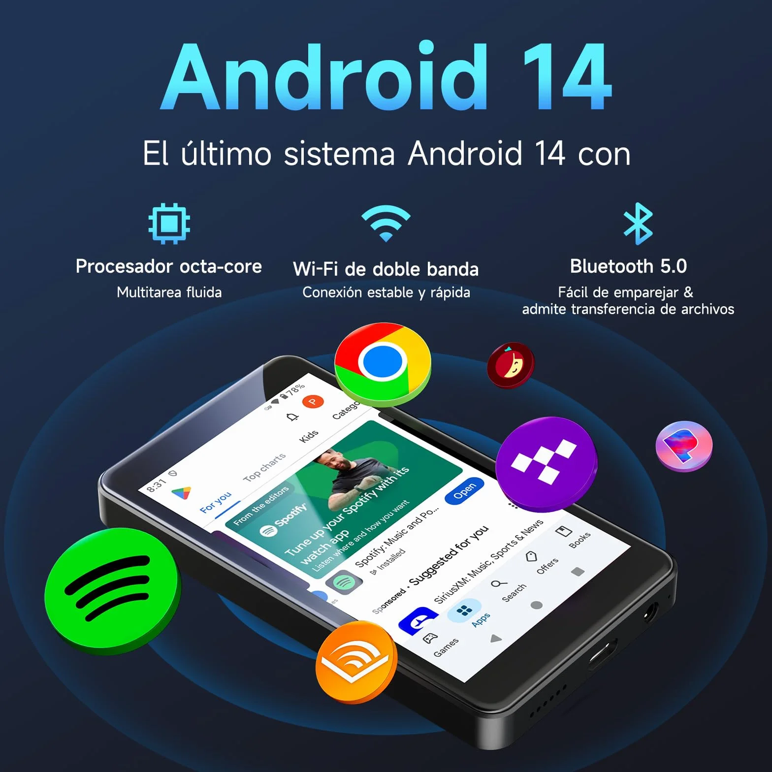 Reproductor MP3 Android 14 con Spotify, Play Store, Amazon Music, Audible, Libby, Reproductor de música MP4 con Pantalla táctil de 4" para niños con Control Parental, Modo Eye-Care (Negro Brillante)