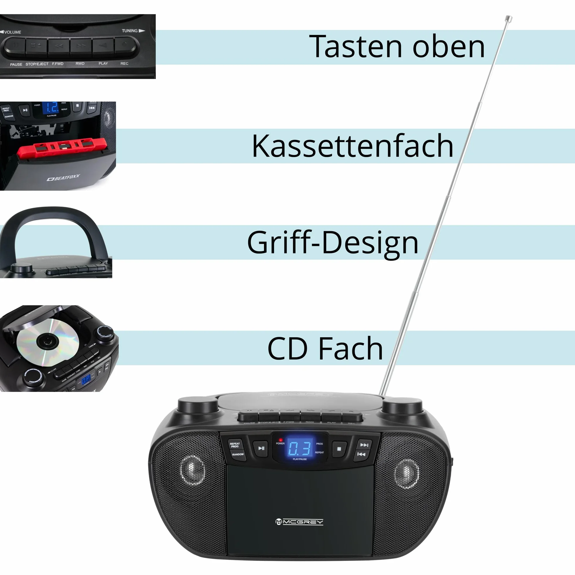 CDB-1016U BK Boombox cassette, reproductor CD, radio, Bluetooth y USB - grabador, entrada AUX, salida auriculares - funcionamiento por cable o 6 pilas