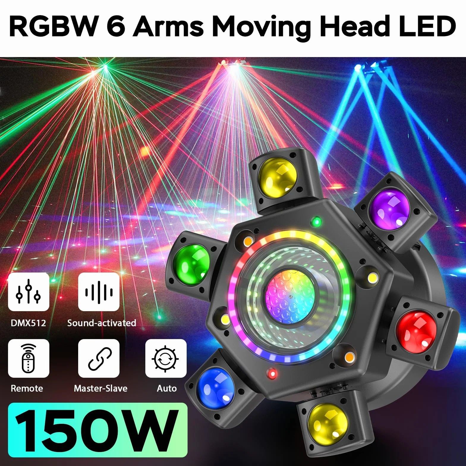 2PCS 150W Cabeza Móvil LED RGBW Luz Discoteca con Control Remoto con 6 Brazos De Luz, Efectos de Iluminación RGBW, DMX 512 para Bodas, Fiestas, Teatros y DJs