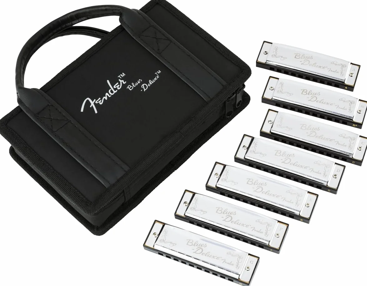 Fender Blues Deluxe Set de Armónicas, Paquete de 7, Cubiertas de Metal Cromado, Sonido Clásico y Brillante, Diversas Tonalidades, Incluye Estuche, Níquel