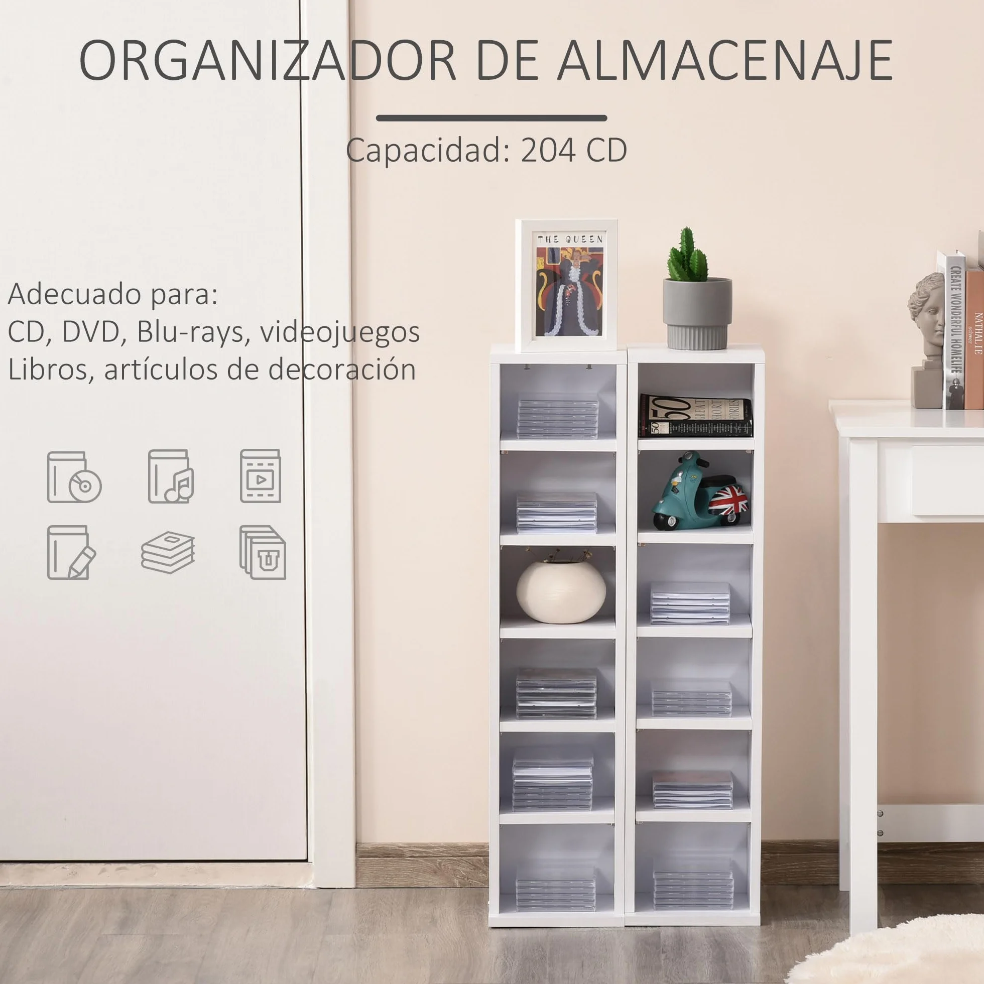 HOMCOM Set de 2 Estanterías para CDs y DVDs, Soportes para CD Estrechos con 12 Compartimentos, Estantes Ajustables, Estanterías para Salón, Oficina, 21x22,5x88,5 cm, Blanco