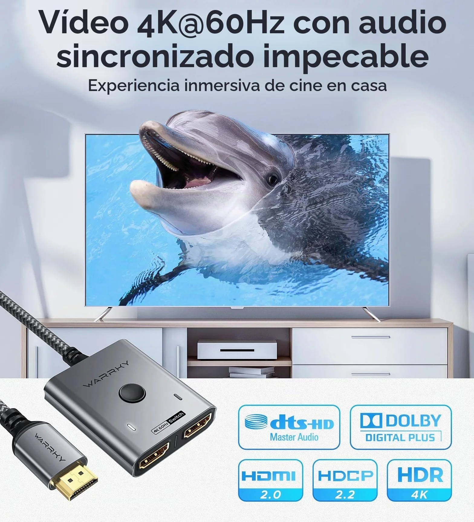 WARRKY HDMI Splitter Bidireccional 2x1 4K@60Hz Aluminio Cable Nailon 1m HDR HDCP 2.2