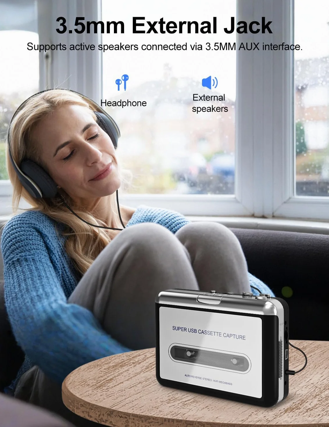 Reproductor de casete portátil con grabador MP3, compatible con PC/Mac, plata
