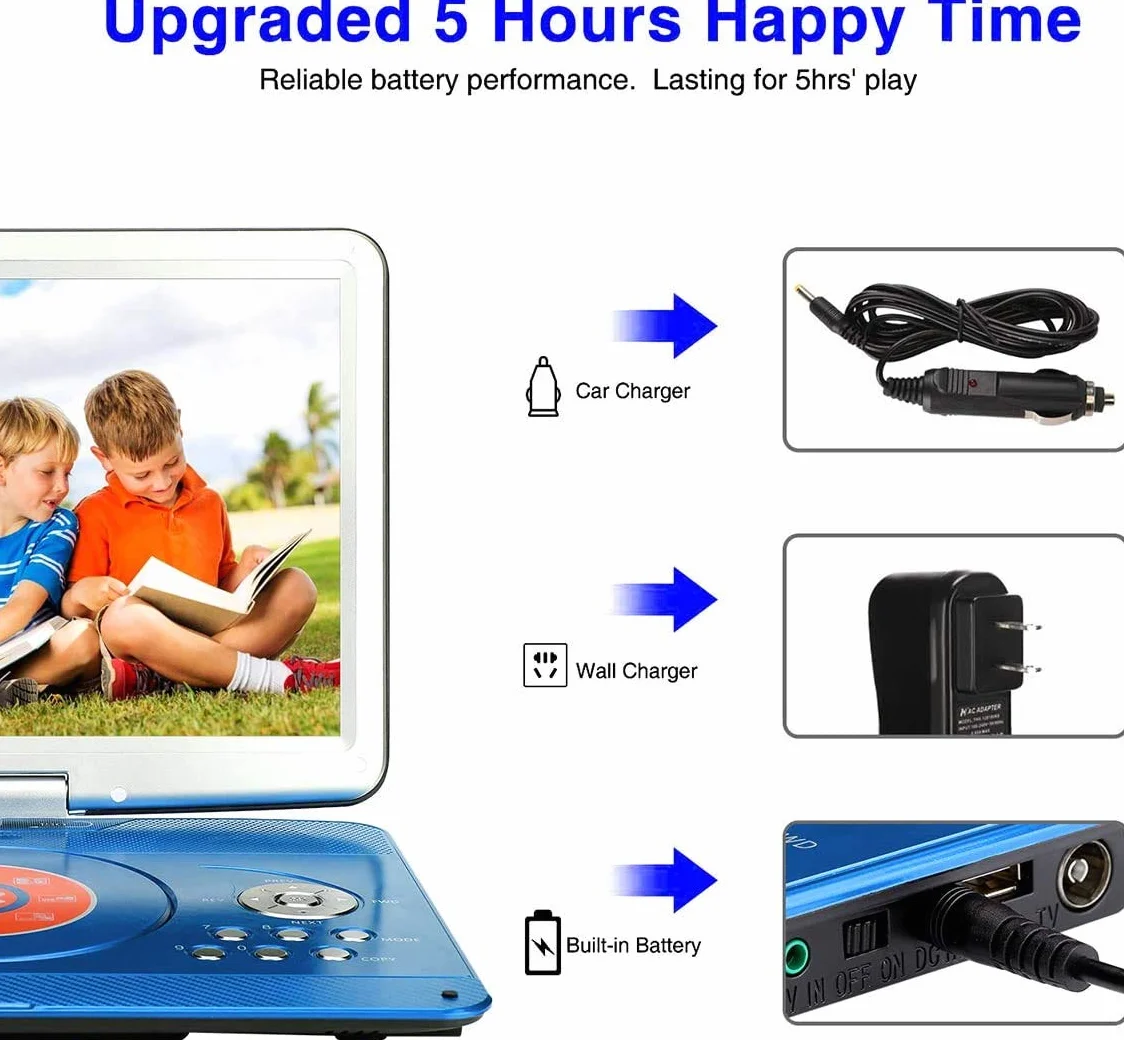 YOOHOO Lecteurs DVD Portables 16,9" Avec Grand écran LCD pivotant de 14,1" Lecteurs DVD de Voyage pour Enfants Adaptateur de Voiture Rechargeable Prise en Charge de la Carte, télécommande, Bleu