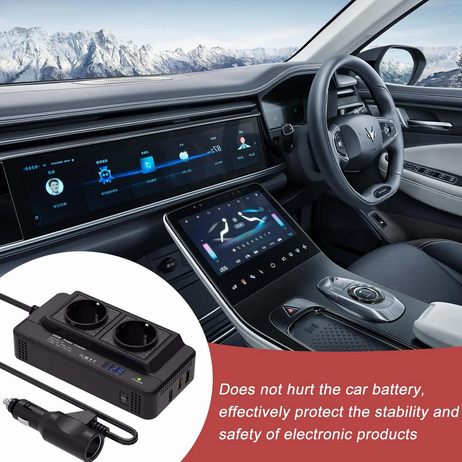 Transformador de voltaje para coche, 200 W, 12 V a 230 V, con 2 enchufes de carga y dos puertos USB, adaptador para encendedor de cigarrillos para viajes de negocios y vacaciones