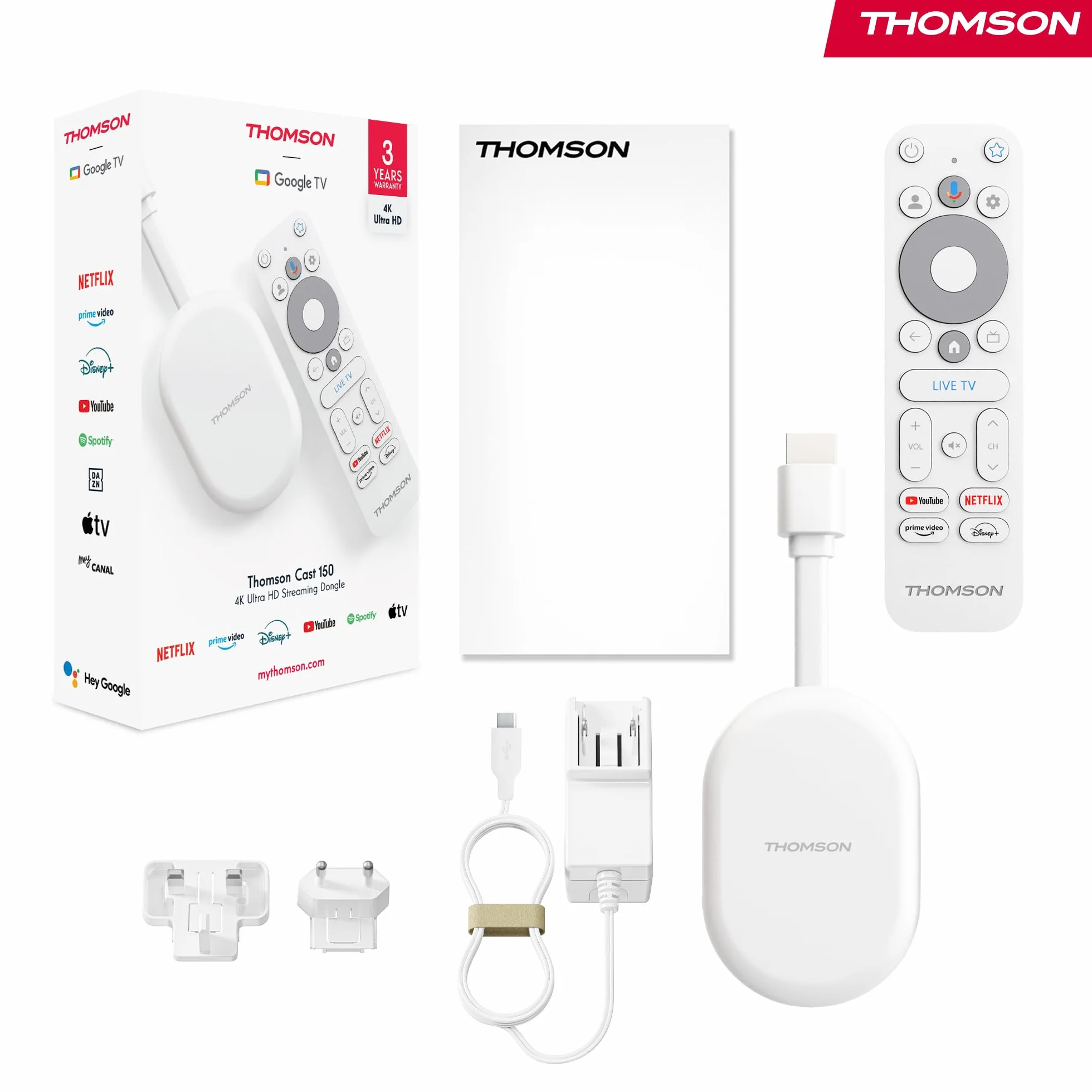 Thomson Go Cast 152 Dongle de Streaming, 4K UHD Google TV, Control por Voz, Google Cast, Dolby Atmos, Dolby Digital+, HDR10, Portátil, 2 GB RAM, 32 GB Memoria – Blanco