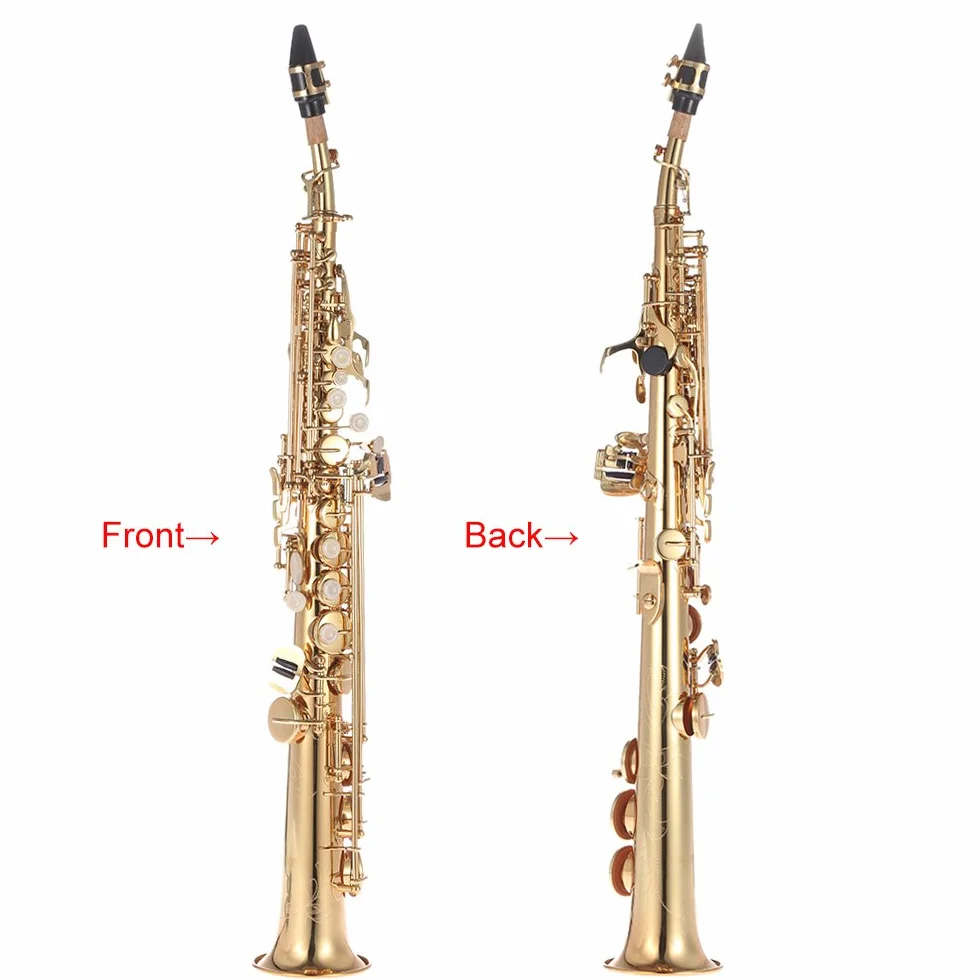 Btuty Saxofón soprano recto de latón Bb B Flat Natural Shell Key Carve Pattern con bolsa de transporte, guantes, paño de limpieza, correa, varilla de limpieza