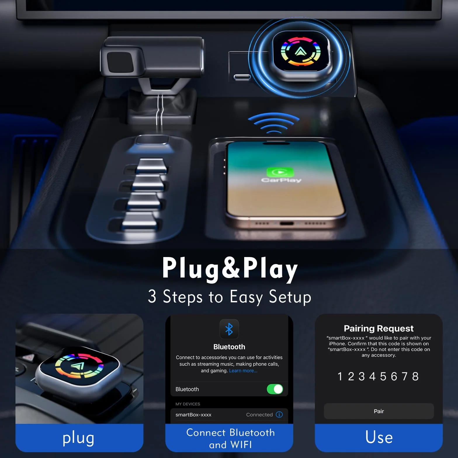 2 en 1 Adaptador CarPlay Inalámbrico y Adaptador Android Auto Inalámbrico, Convierte con Cable a inalámbrico, Mini y Estable, Plug & Play Compatible con iOS 10+/Android 11+(Coches 2016+)