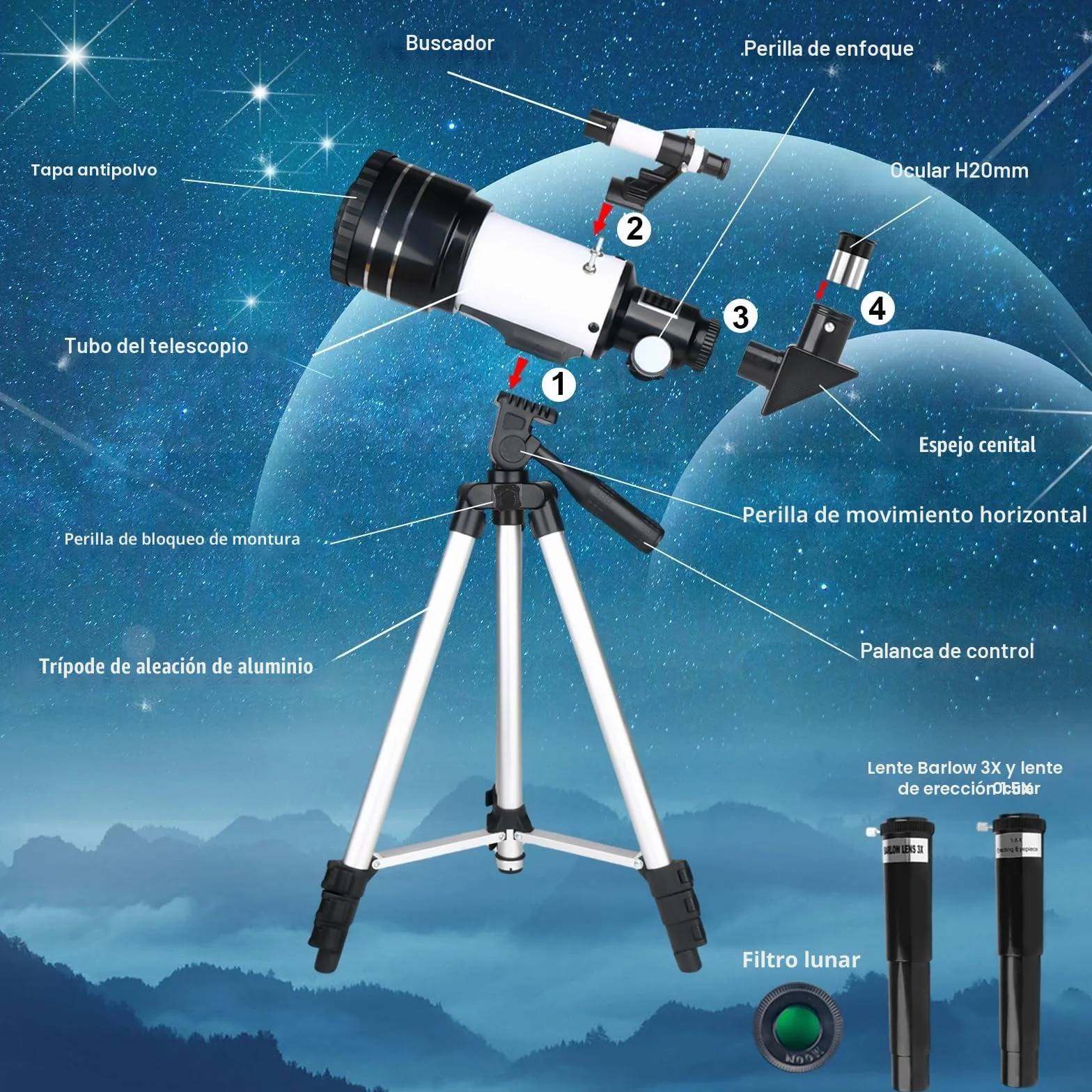 Telescopio 70mm Apertura 300mm Refractor para Adultos Principiantes Astronomía con Trípode