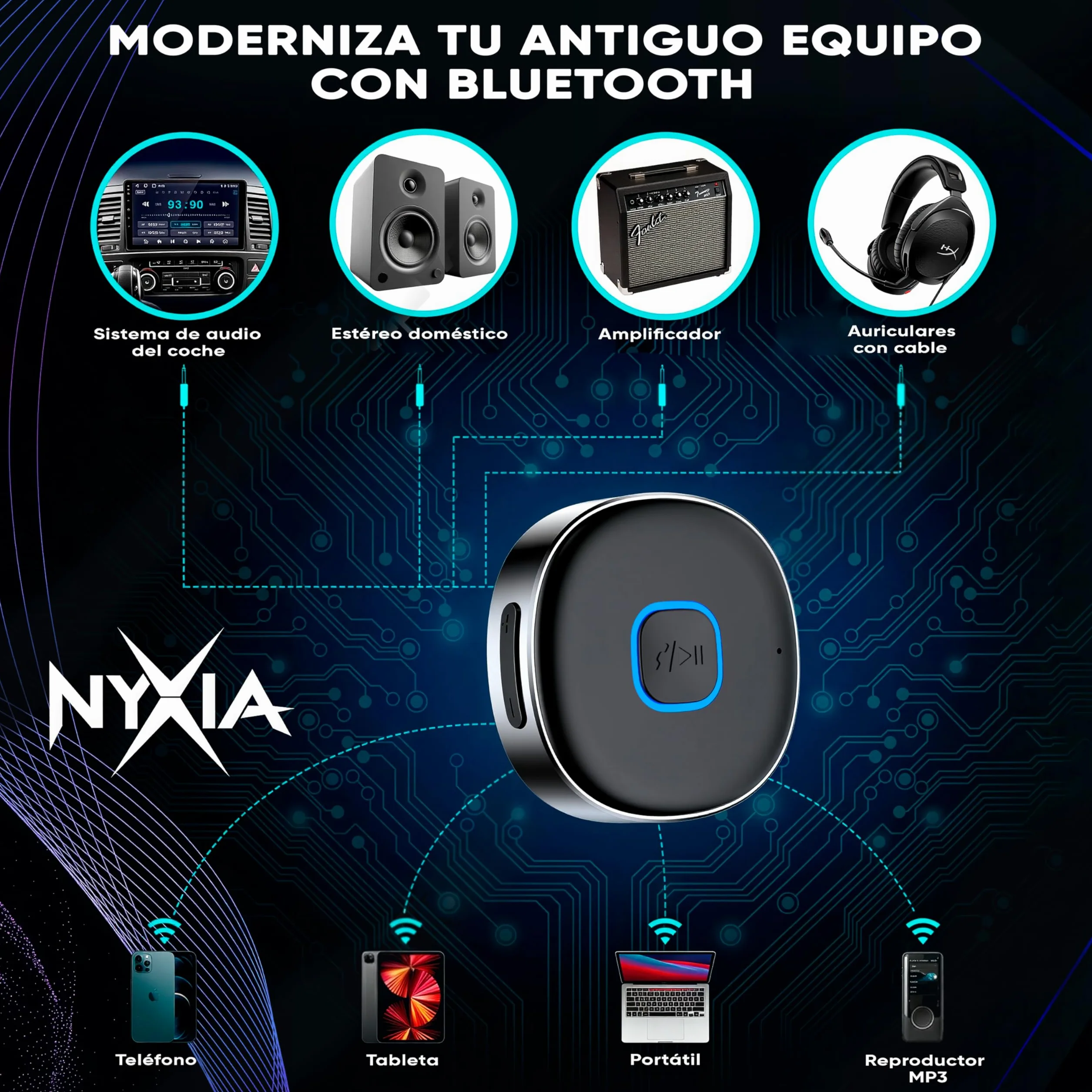 Nyxia® Receptor Bluetooth 5.4 Adaptador para Coche y AUX | Conexión Dual | Audio Jack 3.5 mm | Tiempo Reproducción 16H | para Altavoz | Estéreo Doméstico | Llamadas Manos Libres | Auriculares Cable.