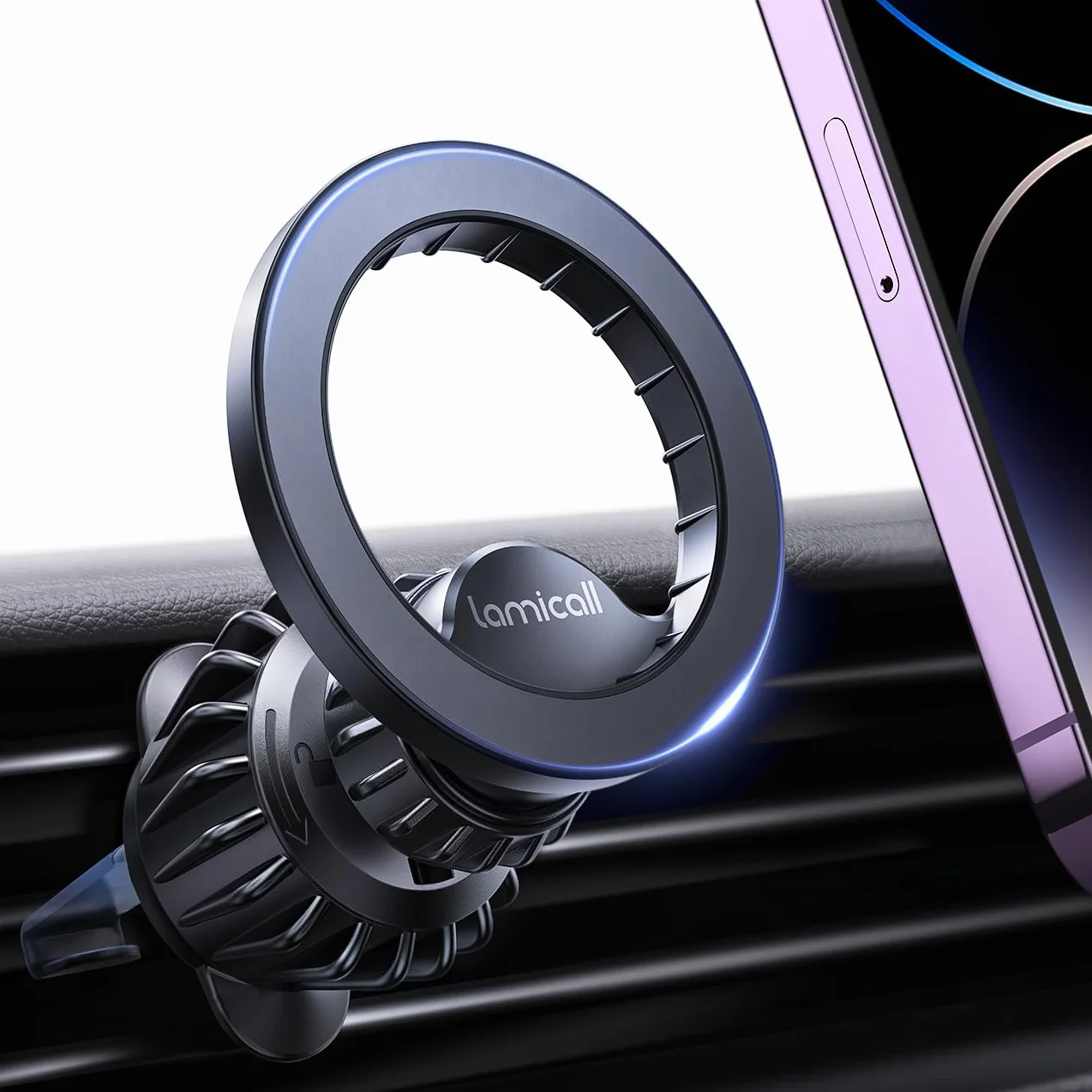 Lamicall Soporte Móvil Coche MagSafe 360° Rotación Gancho Metálico Magnético para iPhone 17 16 15 14, Otro Smartphone