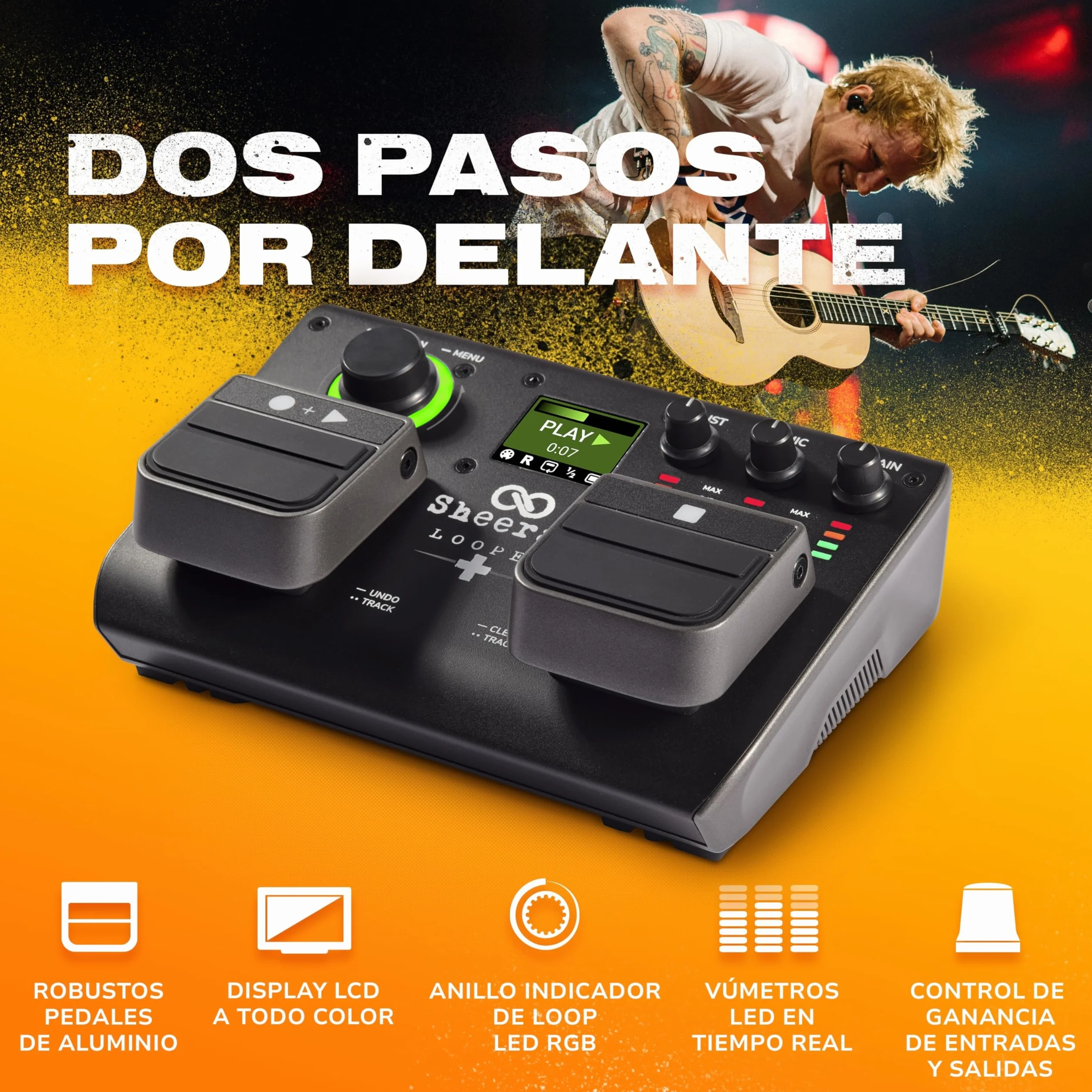 SHEERAN LOOPER + Pedal de Dos Pistas para Guitarra, Bajo, Teclado o Voces. Capacidad para 128 Loops, 4 Modos Looping, Display e Interfaz de Audio