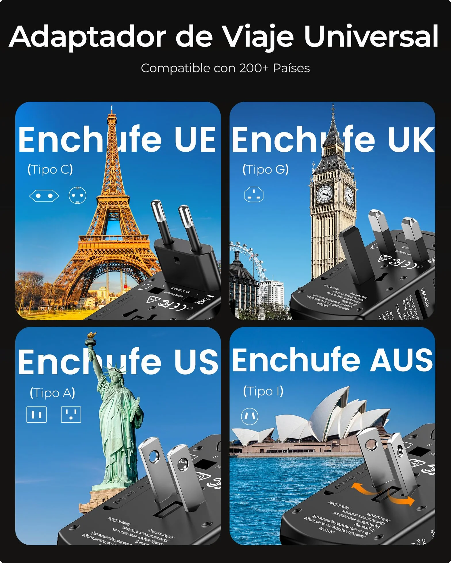 LENCENT Adaptador Enchufe de Viaje Universal, Cargador de Pared USB Internacional de 2 Puertos USB-A y 2 Tipo C para EEUU/UK/EU/AUS Más de 200 Países para Teléfonos, Tabletas, Cámara y más, Negro