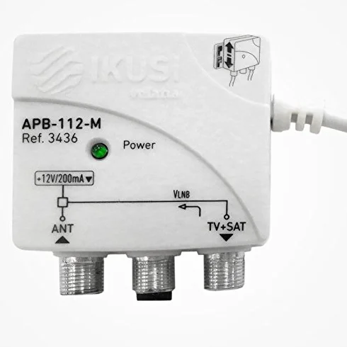 Fuente de alimentación conmutada para Amplificador de mástil con entradas terrestre y satélite, 12v / 100mA, 2 Salidas de RF.