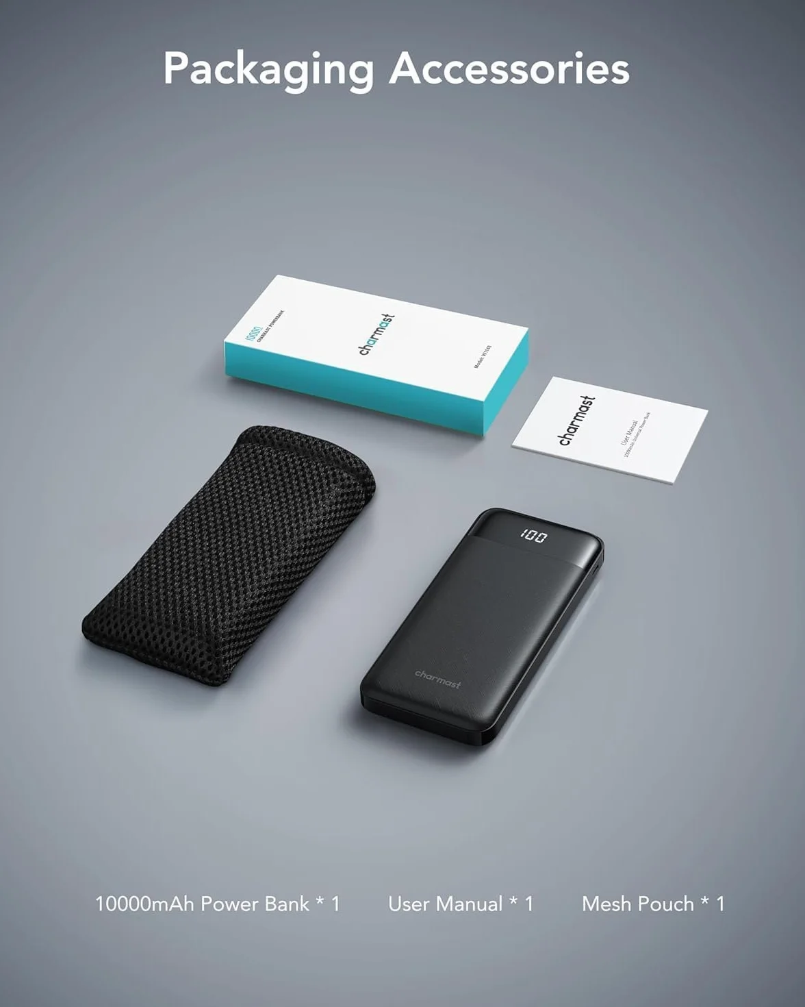 Charmast Power Bank 10000mAh con Cables Integrados, USB C Cargador Portátil 5V / 3A Powerbank Pantalla LED con 6 Salidas y 3 Entradas para iPhone Samsung Huawei Xiaomi