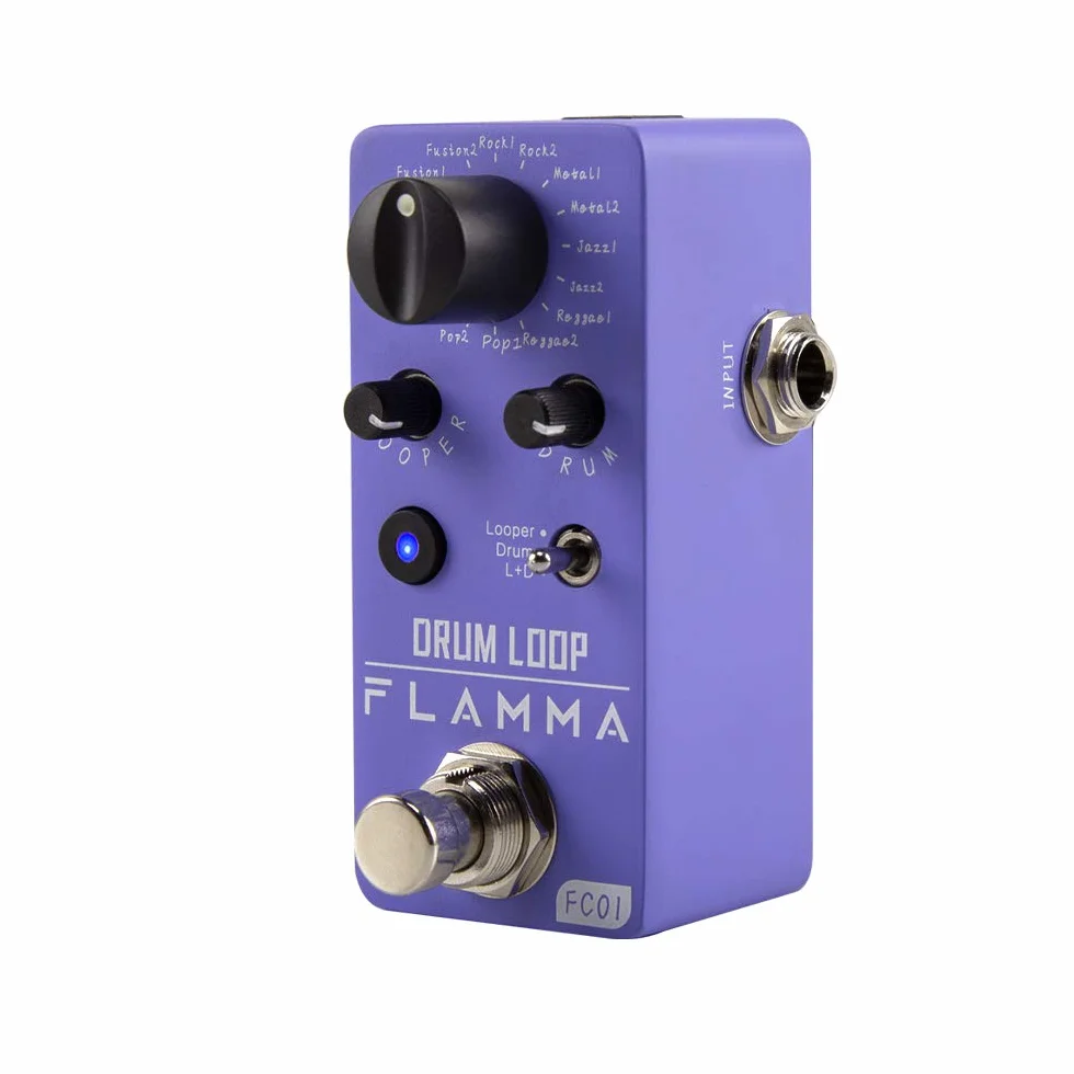 FLAMMA FC01 Looper - Máquina de tambor 2 en 1, pedales de guitarra Looper de batería, 20 minutos de tiempo de bucle con 16 ranuras de tambor, tempo de grifo, mini pedal de efectos de guitarra de 44.1