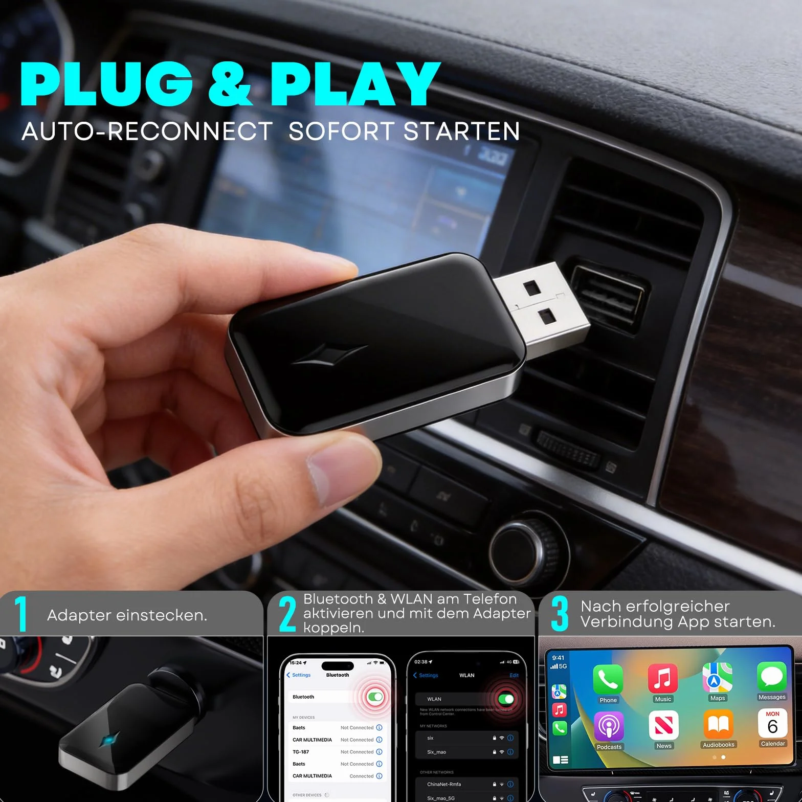 Adaptador inalámbrico para CarPlay, Adaptador Android Auto Inalámbrico de Conexión por Cable a Inalámbrica, Conectar y Usar, Mini y Estable, Compatible con iOS 9+ y Coches con CarPlay por Cable