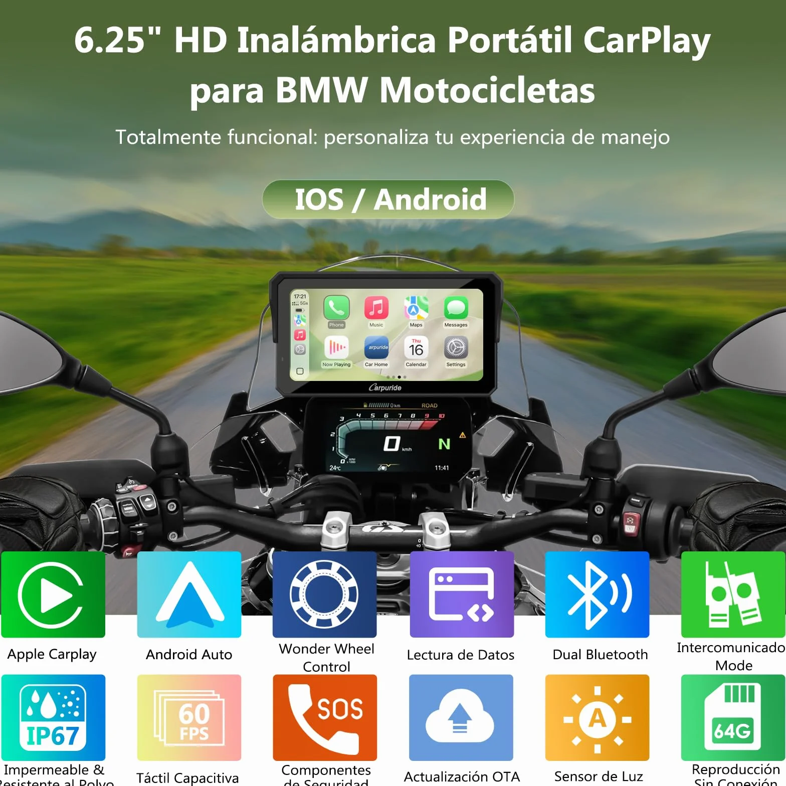 Carpuride W602BS Pro Carplay Pantalla BMW Motocicletas Inalámbrico 6.25" Impermeable Táctil Android Auto