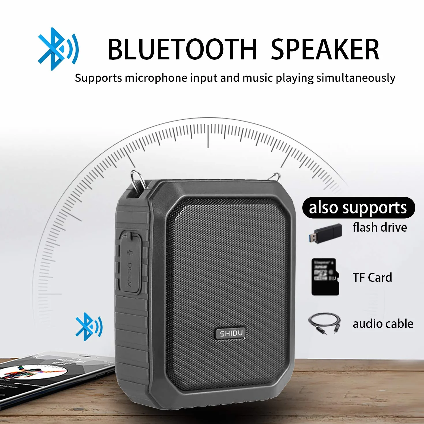 SHIDU 18W Amplificador de voz inalámbrico Sistema PA impermeable con micrófono inalámbrico UHF Altavoz Bluetooth para aula al aire libre Guía turístico