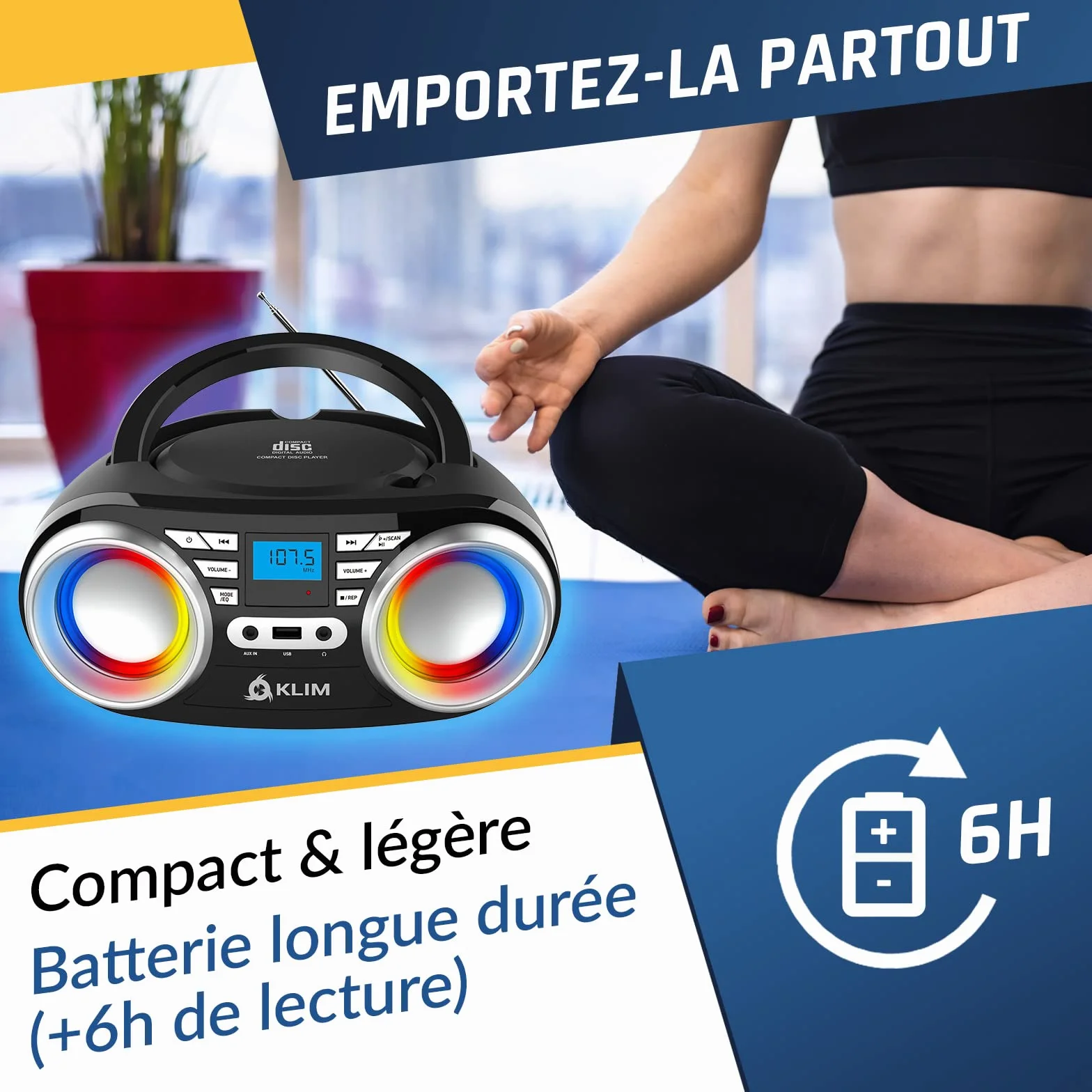 KLIM Boombox B3 Reproductor CD portátil Radio FM Bluetooth USB AUX LED RGB Inalámbrico Batería Recargable EQ Digital