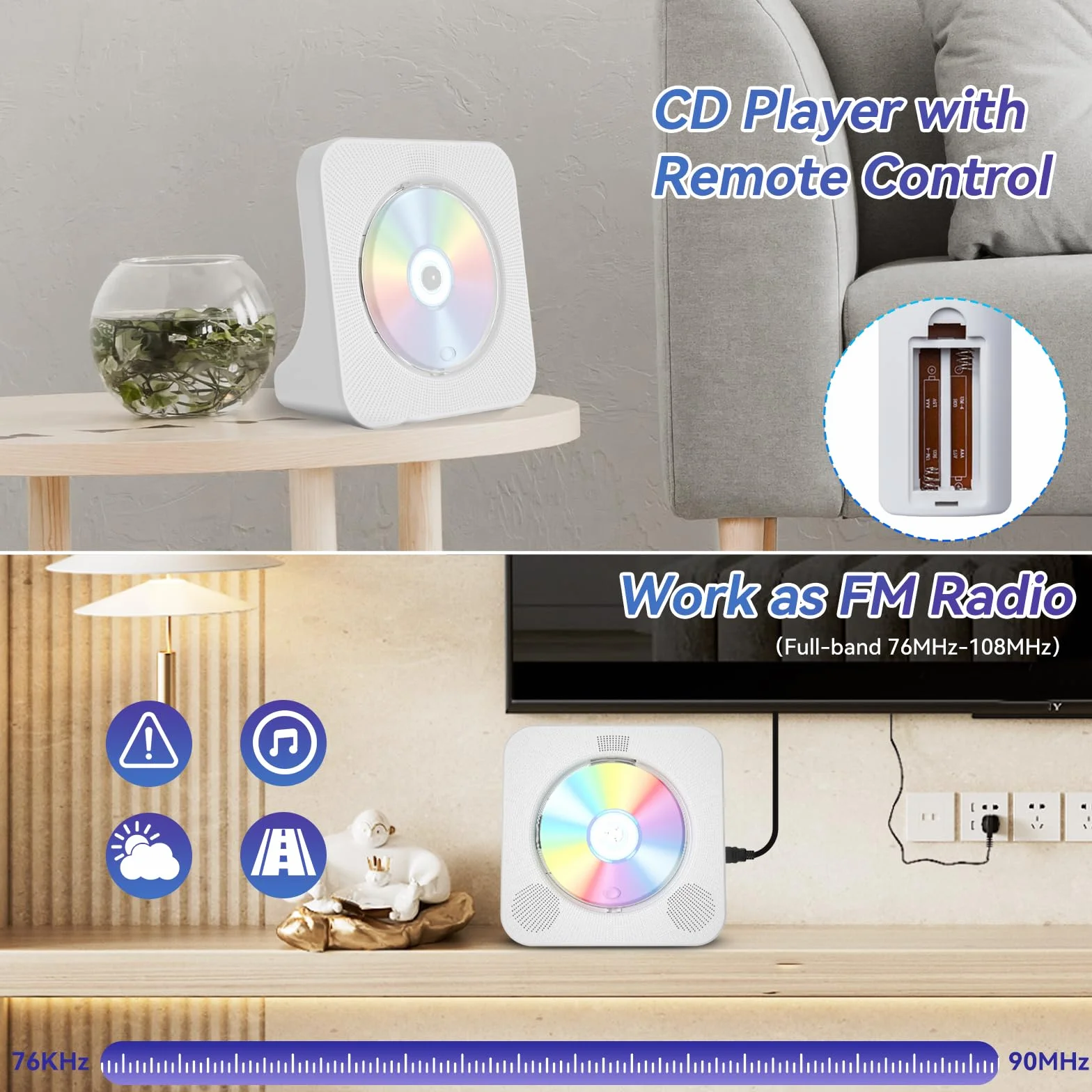Qoosea Reproductor de DVD para TV con Bluetooth Reproductor de DVD y CD de Escritorio con Altavoces Pantalla Reloj Despertador Radio FM Reproducción de Tarjeta USB, Control Remoto e Cable HDMI(Blanco)