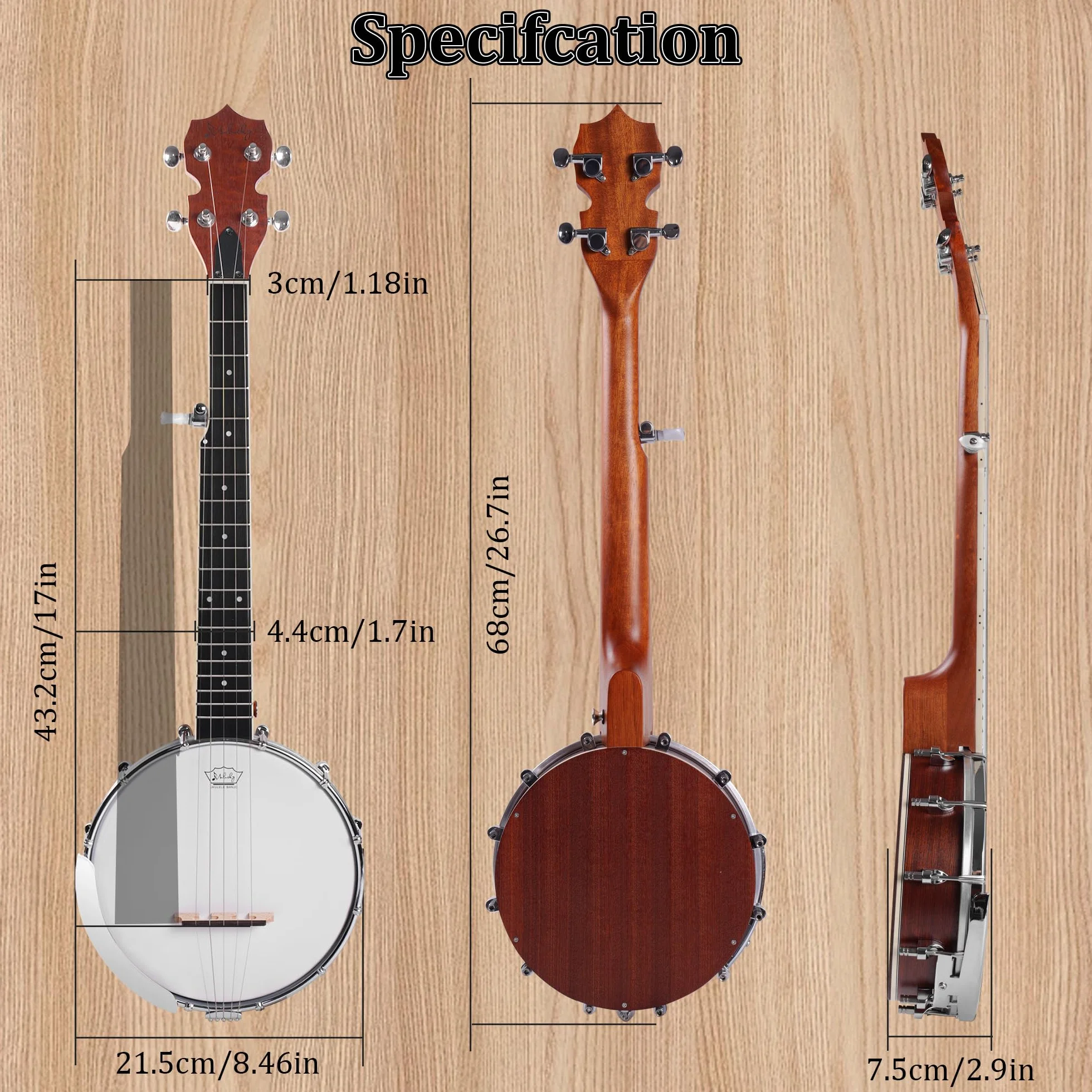 Banjo Mini de 5 cuerdas - Mulucky 66 cm Banjo de viaje con cuerpo de sapeli, parte trasera cerrada sólida, kit para principiantes con funda, púas, cuerdas, correa - B806