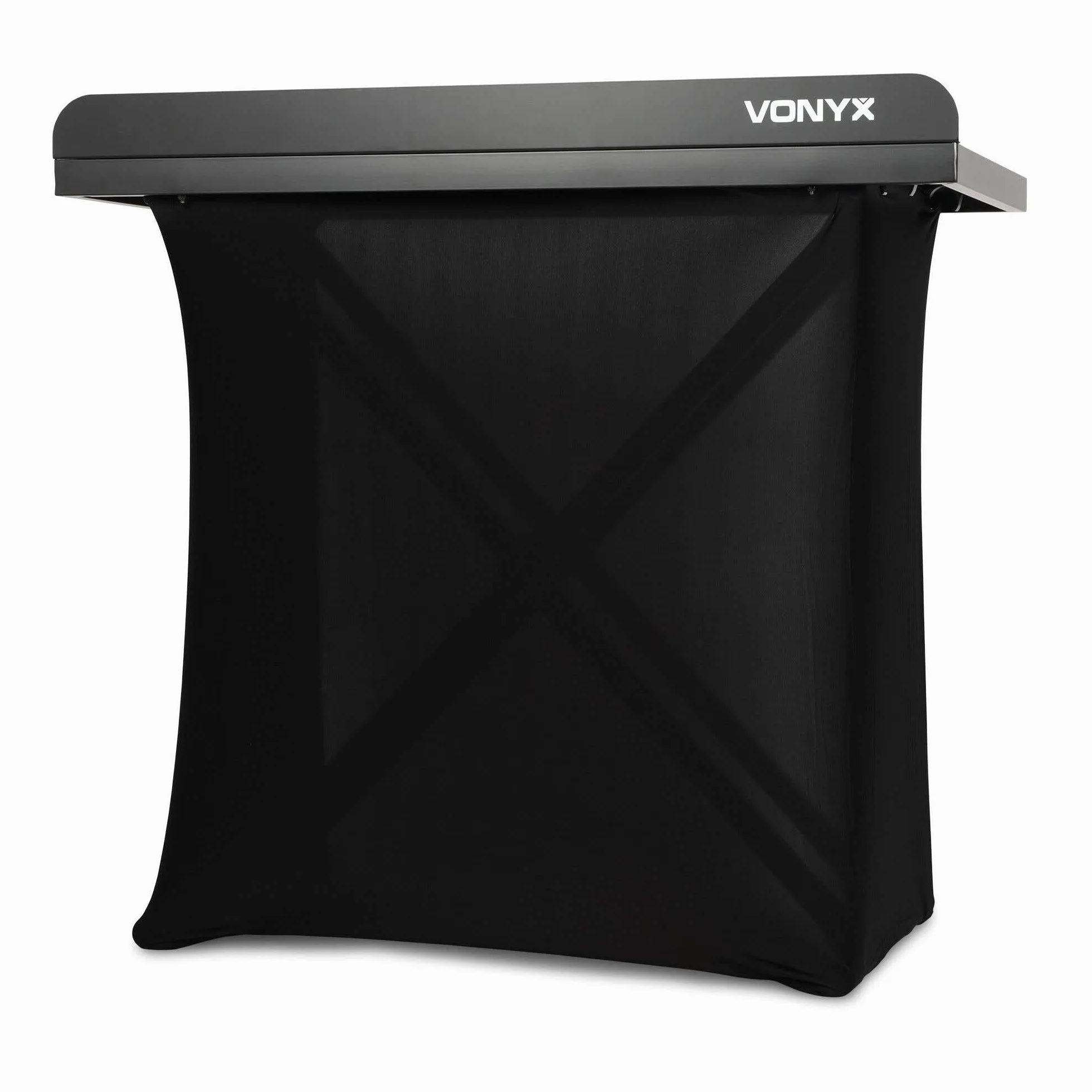 Vonyx DBE100 – Cabina DJ Plegable de 1 m de Ancho con Altura Regulable 80-99,2 cm, Mesa DJ portátil de Aluminio Negro con Lycra Negra ignífuga y Bolsa Transporte para DJ móvil