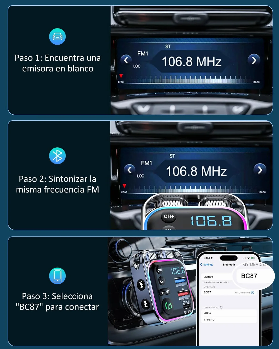 LENCENT Transmisor FM Bluetooth 5.3 Adaptador Coche Carga Rápida PD 30W QC3.0 Música Alta Fidelidad Manos Libres