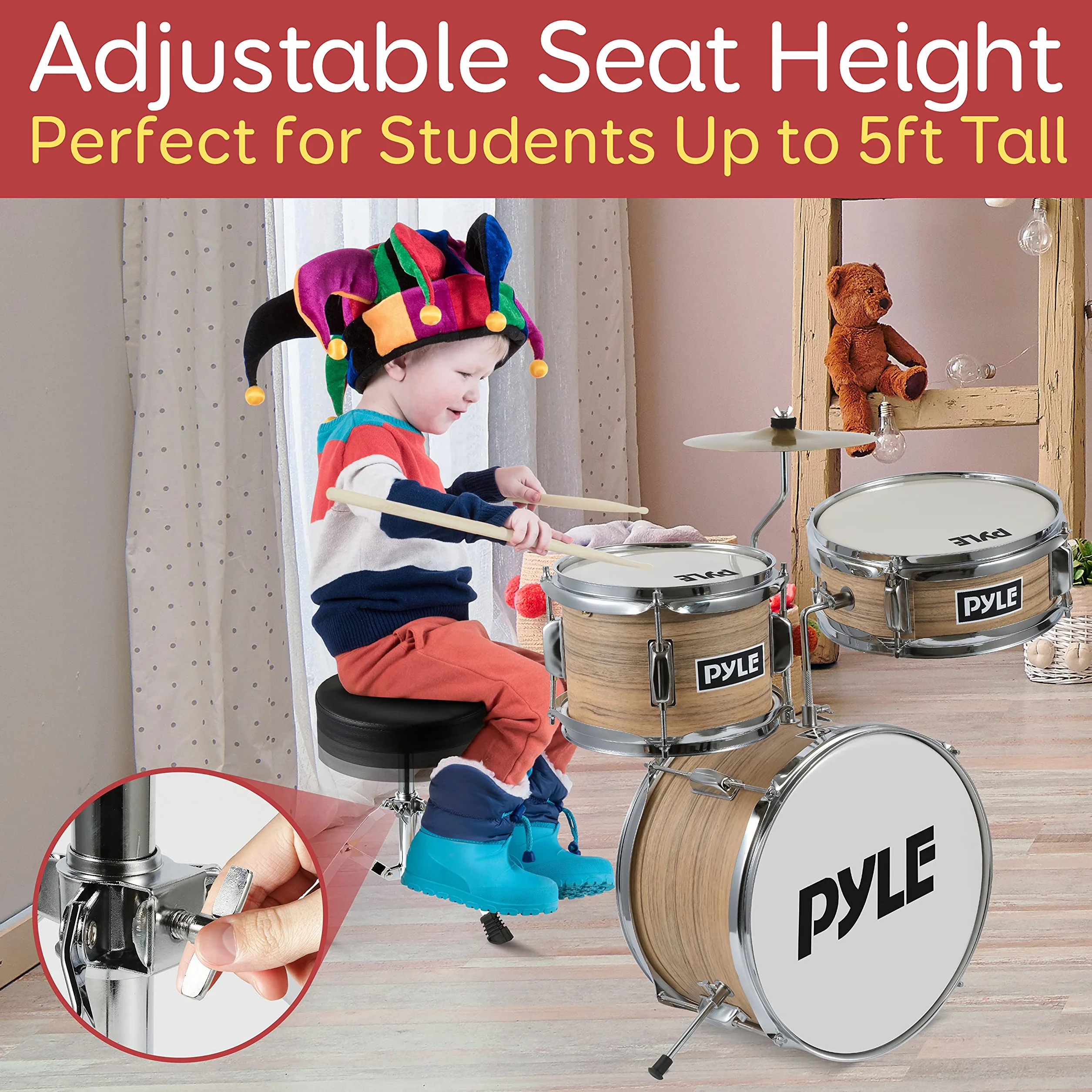 Pyle bateria infantil 5 años en adelante, Principiantes, Bombo de 13”, Snare, Tom, Platillo, Banqueta, Sordinas, Baquetas