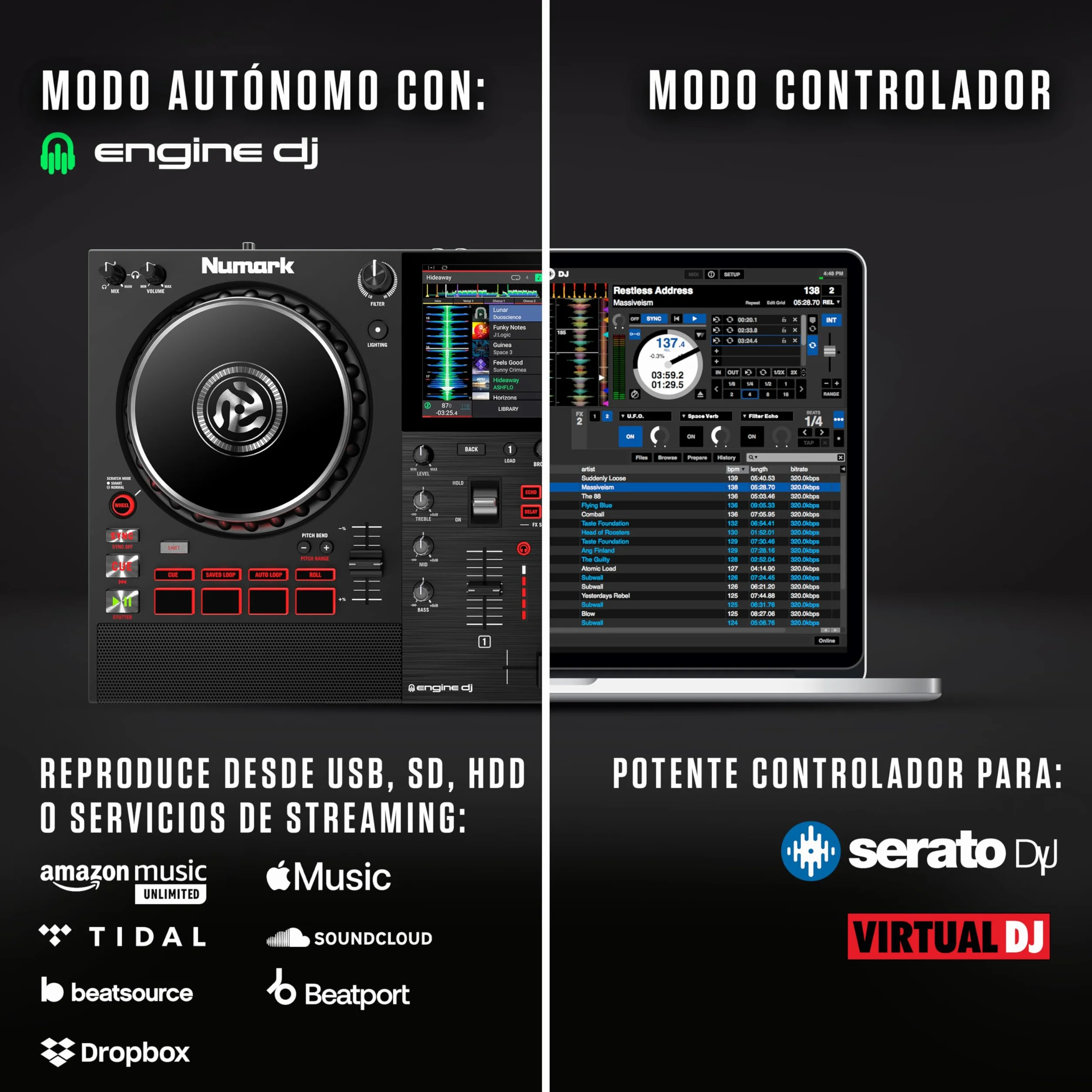 Numark Mixstream Pro+ Controlador DJ, separación de stems, 2 decks, streaming por wifi, mezclador, pantalla táctil 7" y altavoces; Serato y Virtual DJ