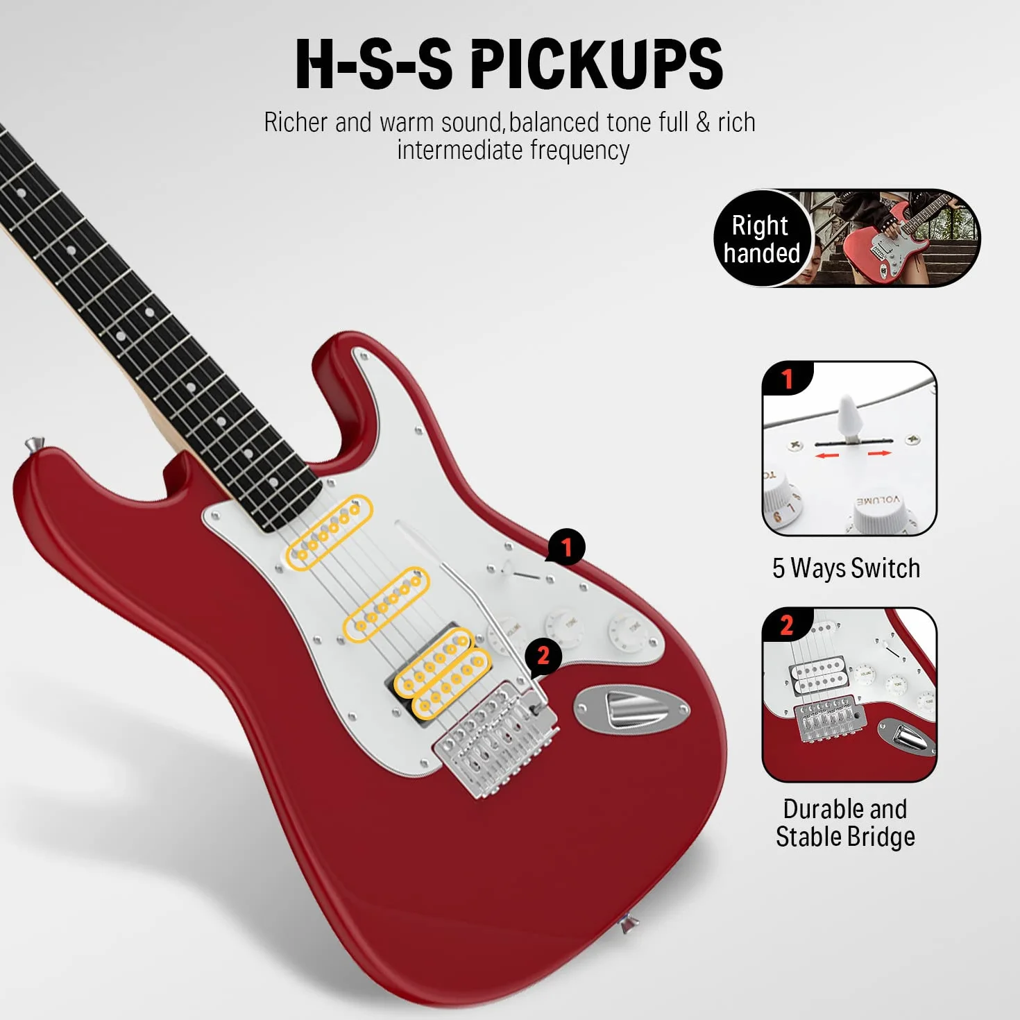 Donner Guitarra Eléctrica Tamaño Completo 39 Pulgadas con Amplificador, Bolsa, Capo, Correa, Cuerda, Sintonizador, Cable y Púas (Rojo, DST-100R)