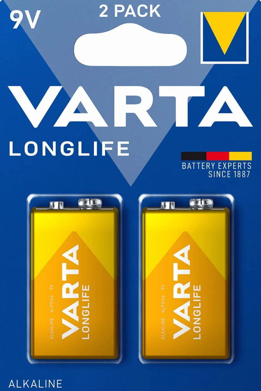 Varta Pila de 9 V Longlife 6LR61 (paquete de 2 unidades), pilas alcalinas E-Block, adecuados para los detectores de incendios, detectores de humo, afinadores