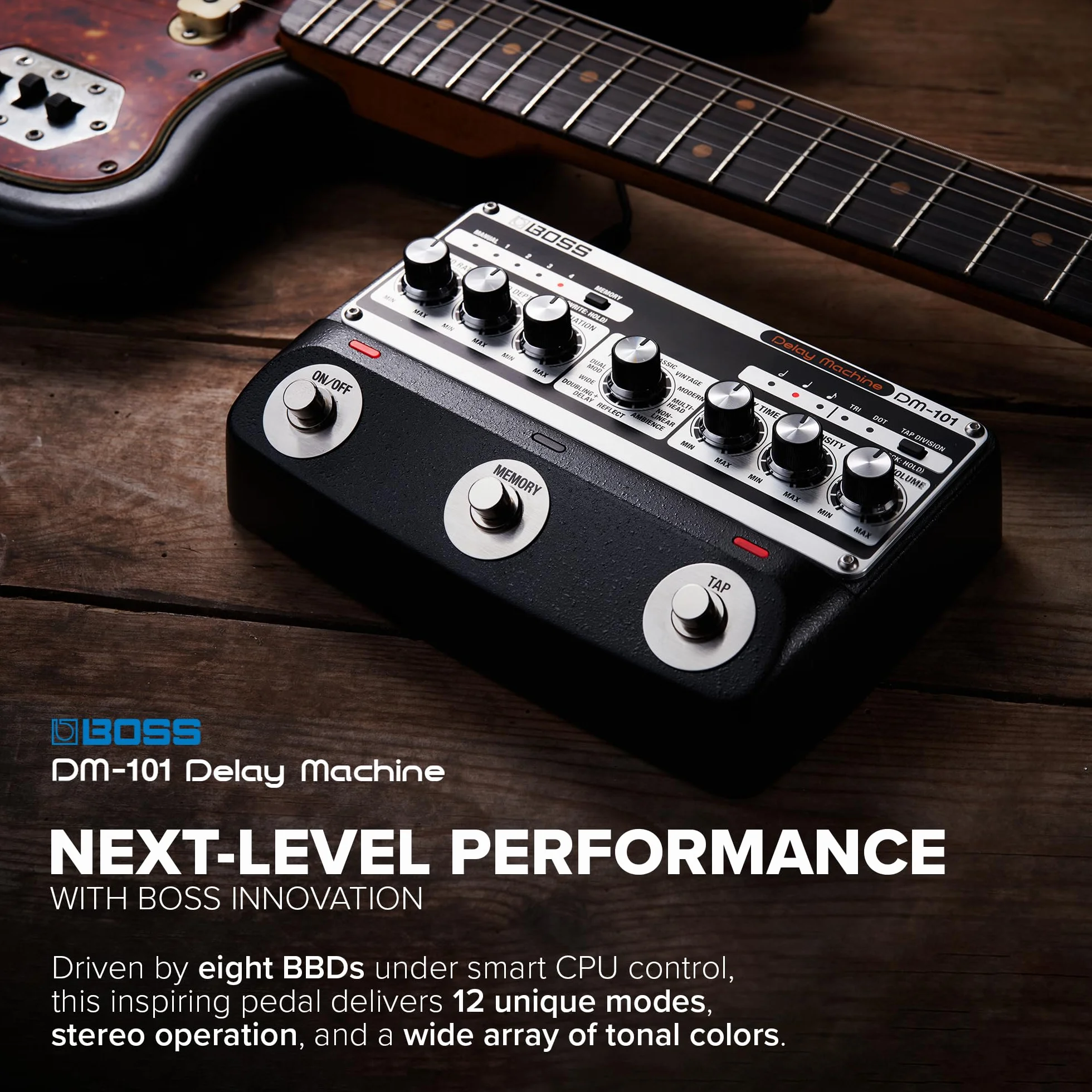 BOSS DM-101 Delay Machine | Pedal de delay analógico definitivo con tecnología avanzada | Sonido cálido, saturado y muy musical | 12 modos diferentes | Operación estéreo | 127 memorias de usuario