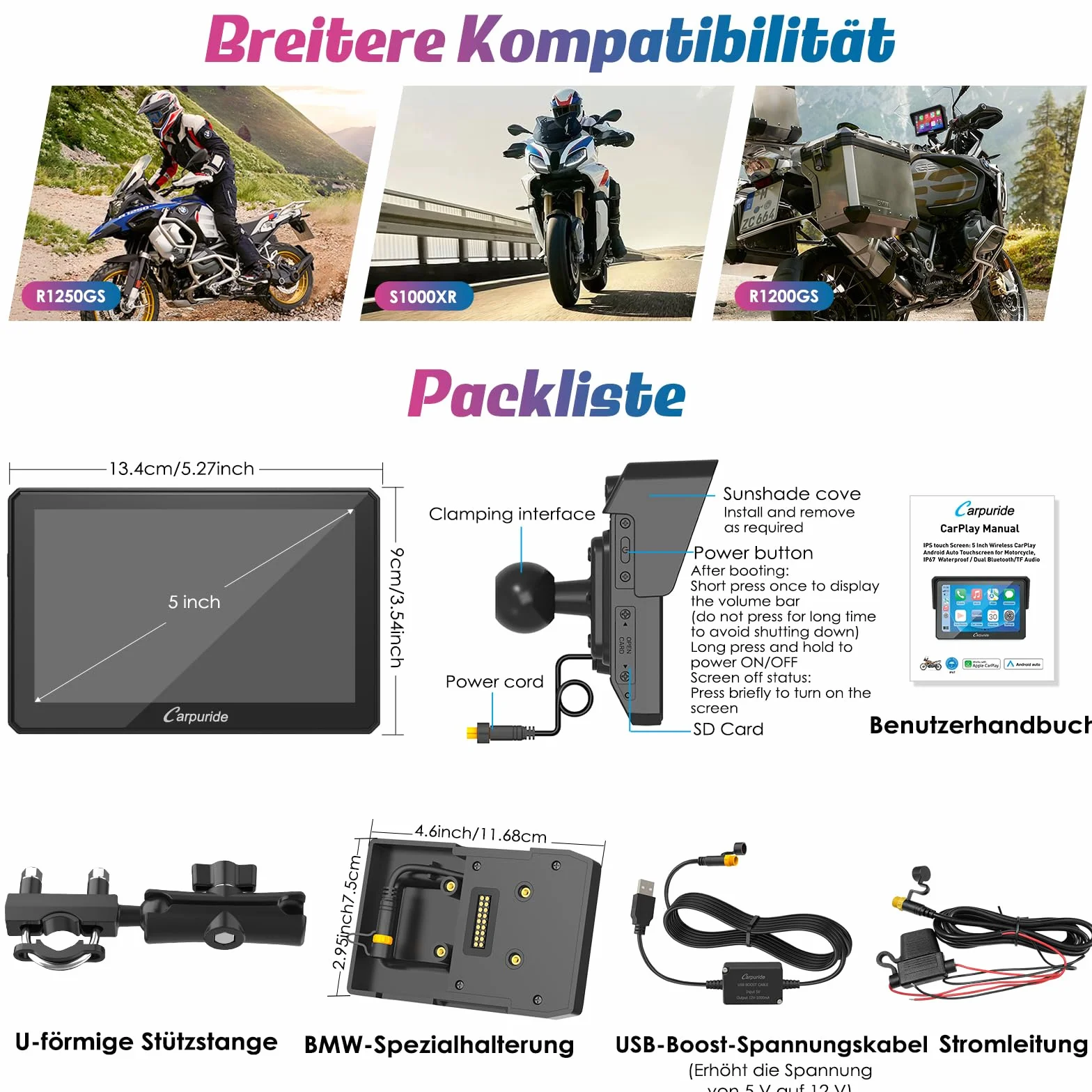 Carpuride W502B Pantalla Carplay BMW Motocicleta R1200GS R1250GS S1000XR, 5 Pulgadas Táctil Impermeable, Navegación GPS Portátil Carplay/Android Moto Bluetooth Dual
