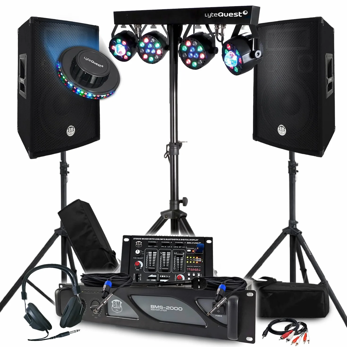 Paquete de sonido de 3200 W, juego completo de altavoces pasivos, 2 x 600 W, mesa de mezclas, 4 luces Xperformer + LED-UFO, patas de soporte